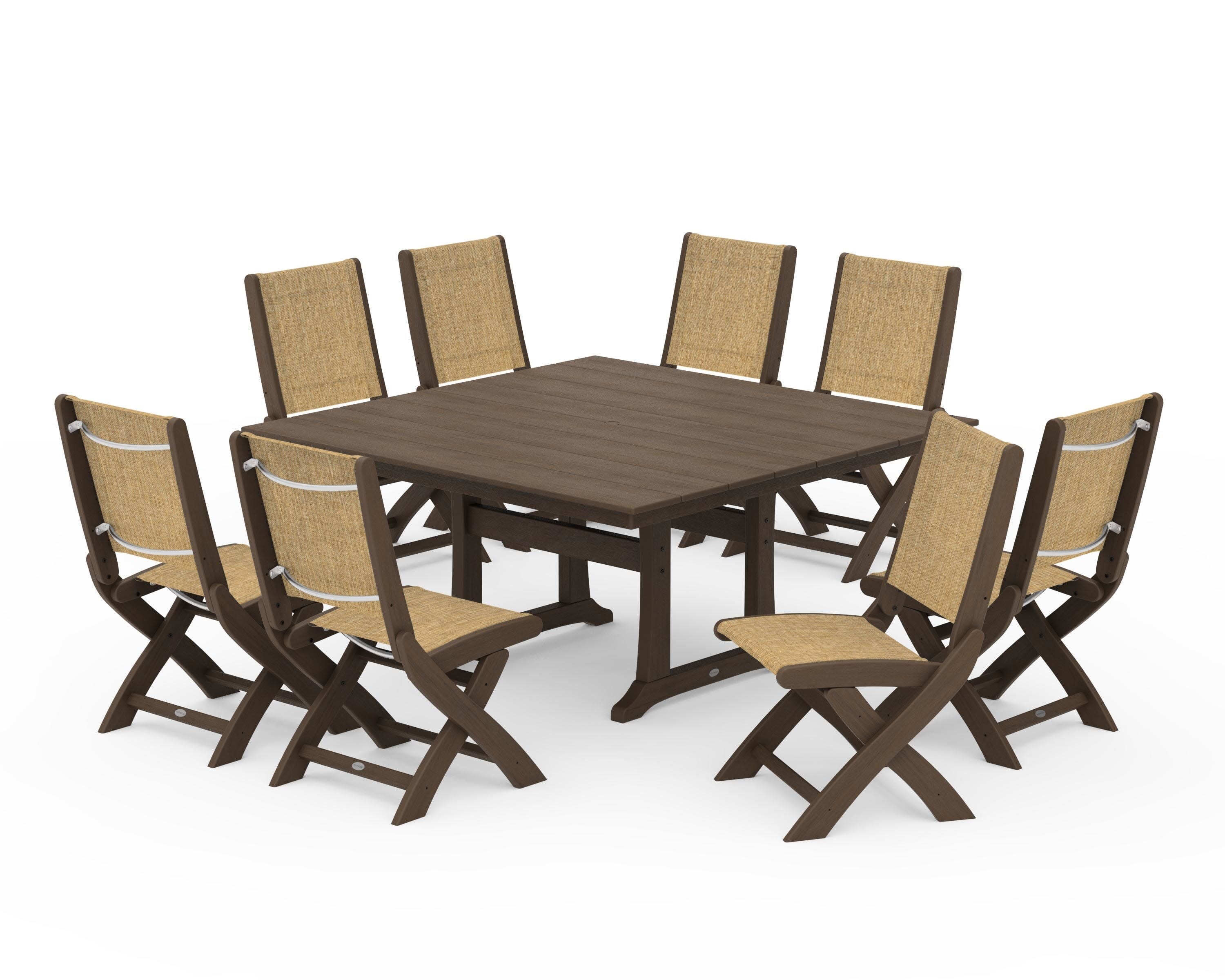 Coastal Folding Side Chair 9-Piece Farmhouse Dining Set in Kona / Burlap Sling