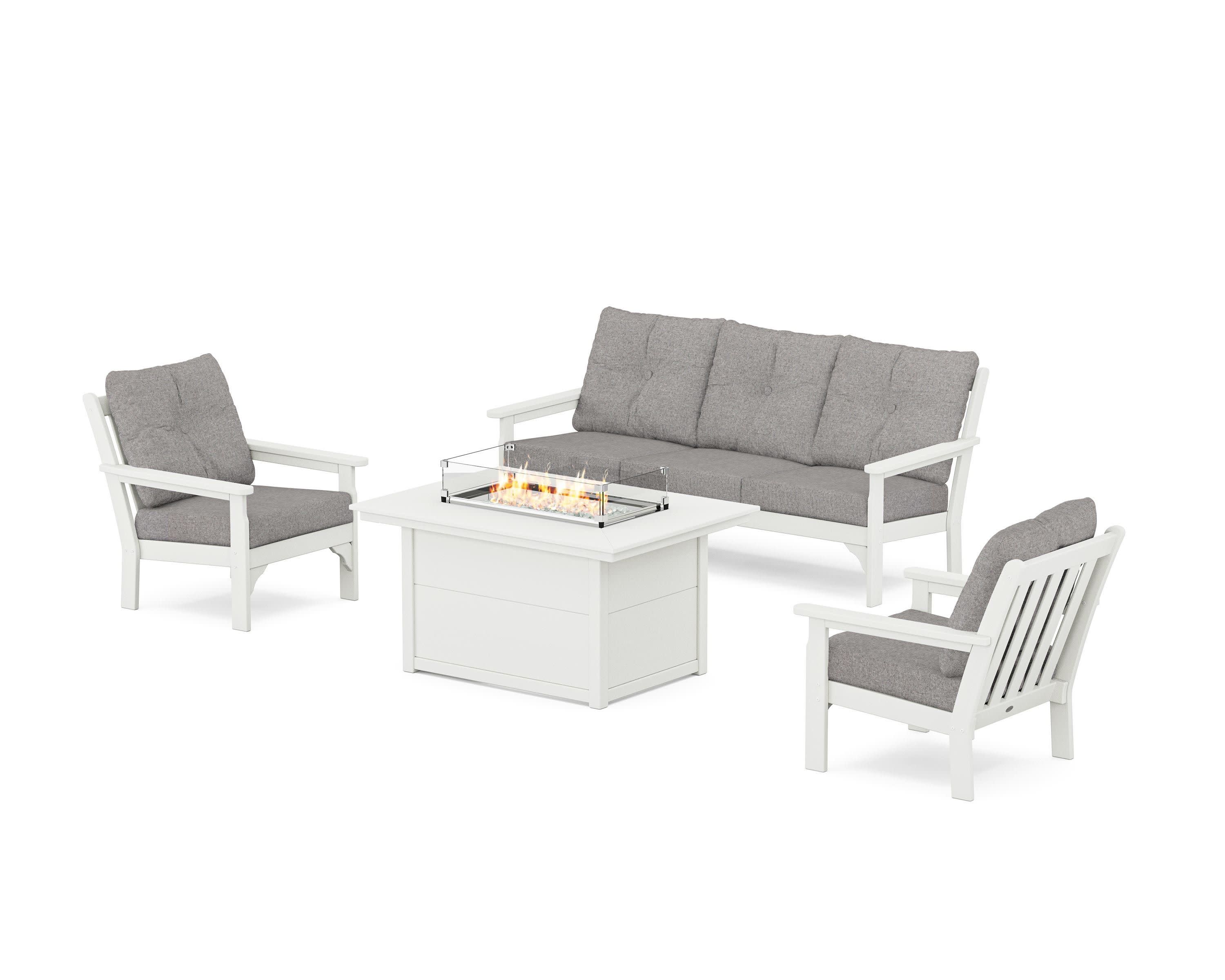 Vineyard Deep Seating Fire Pit Table Set in Vintage White / Grey Mist
