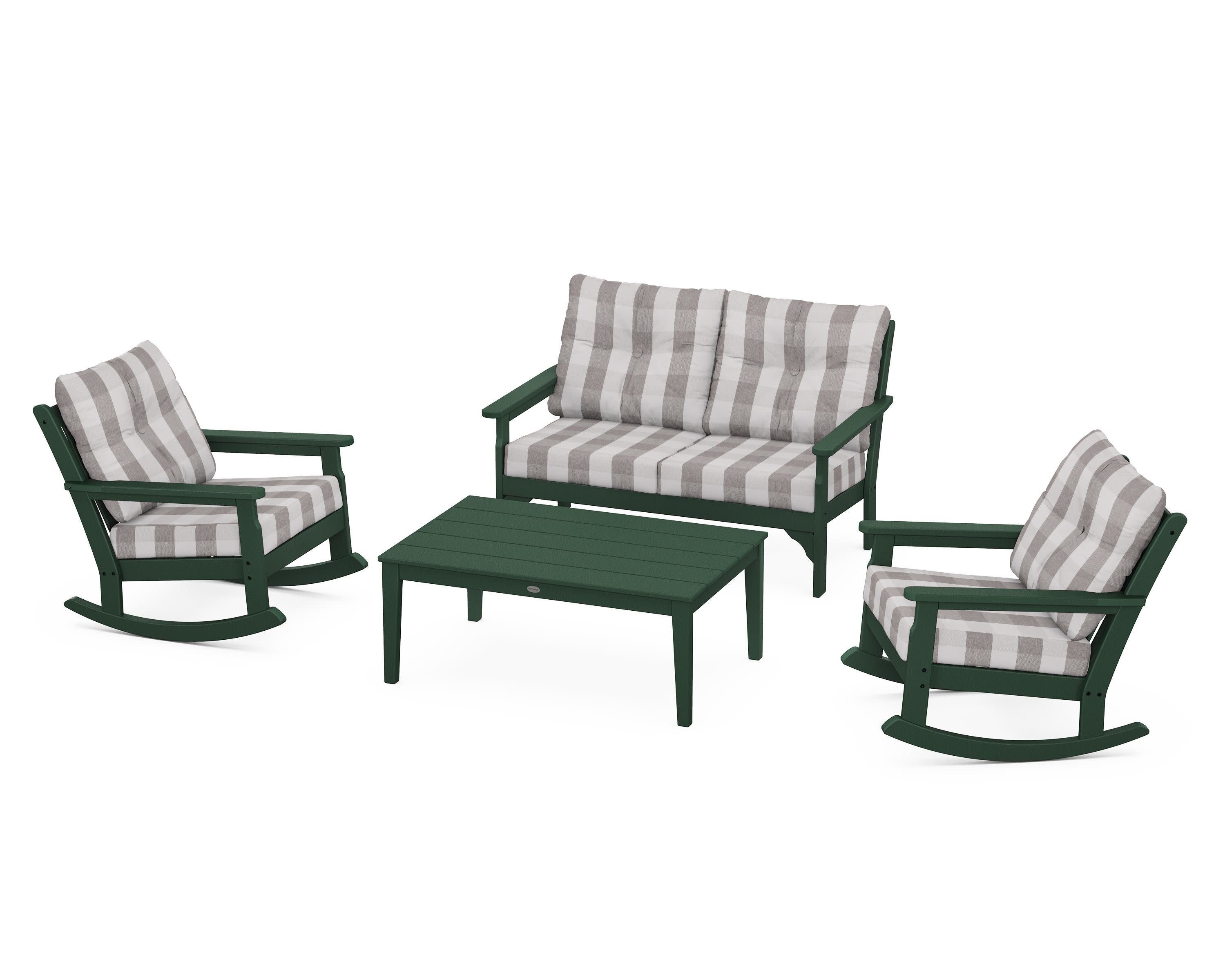 Vineyard 4-Piece Deep Seating Rocking Chair Set in Green / Buffalo Plaid Grey Mist