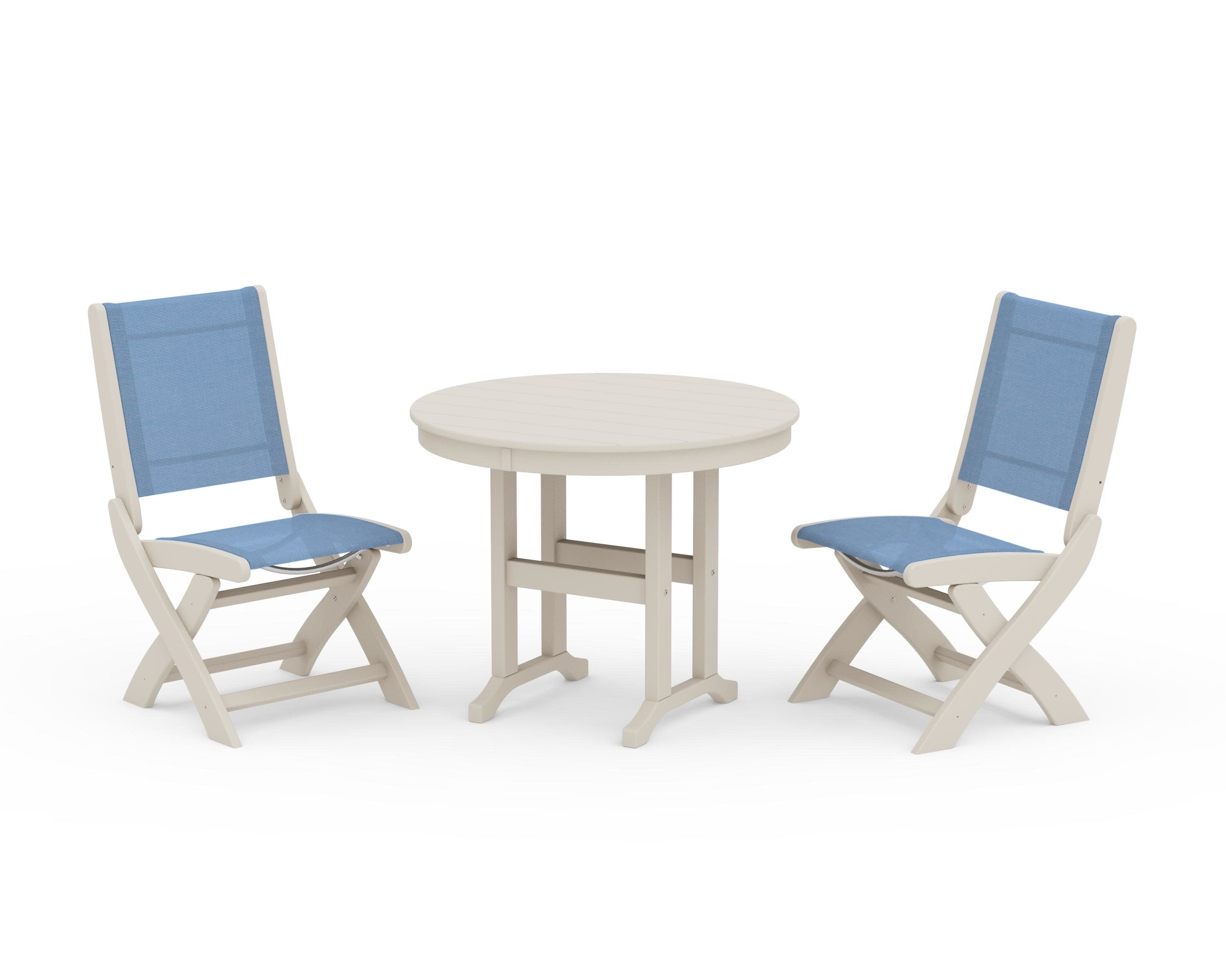 Coastal Folding Side Chair 3-Piece Round Dining Set in Sand / Poolside Sling