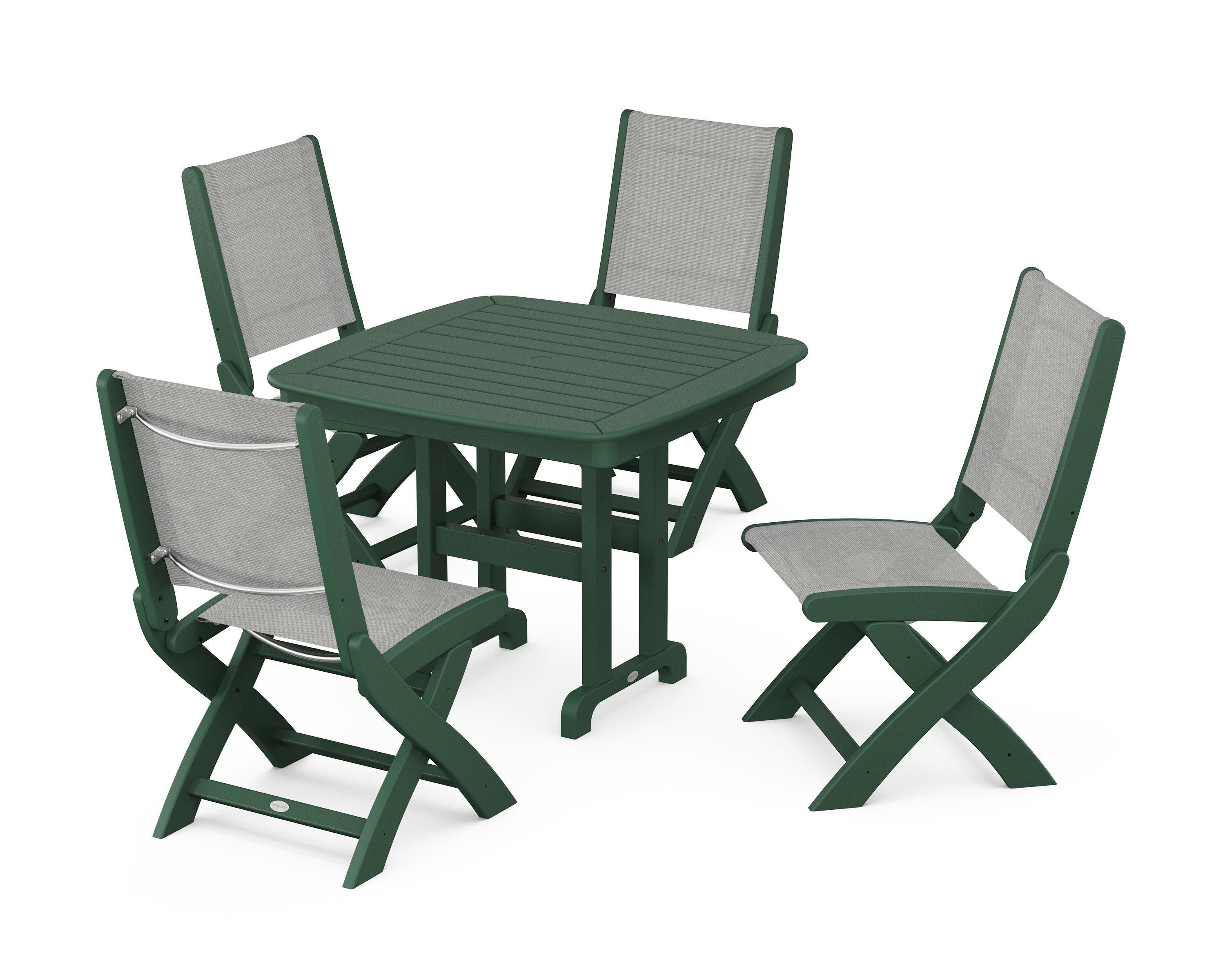 Coastal Folding Side Chair 5-Piece Dining Set in Green / Metallic Sling