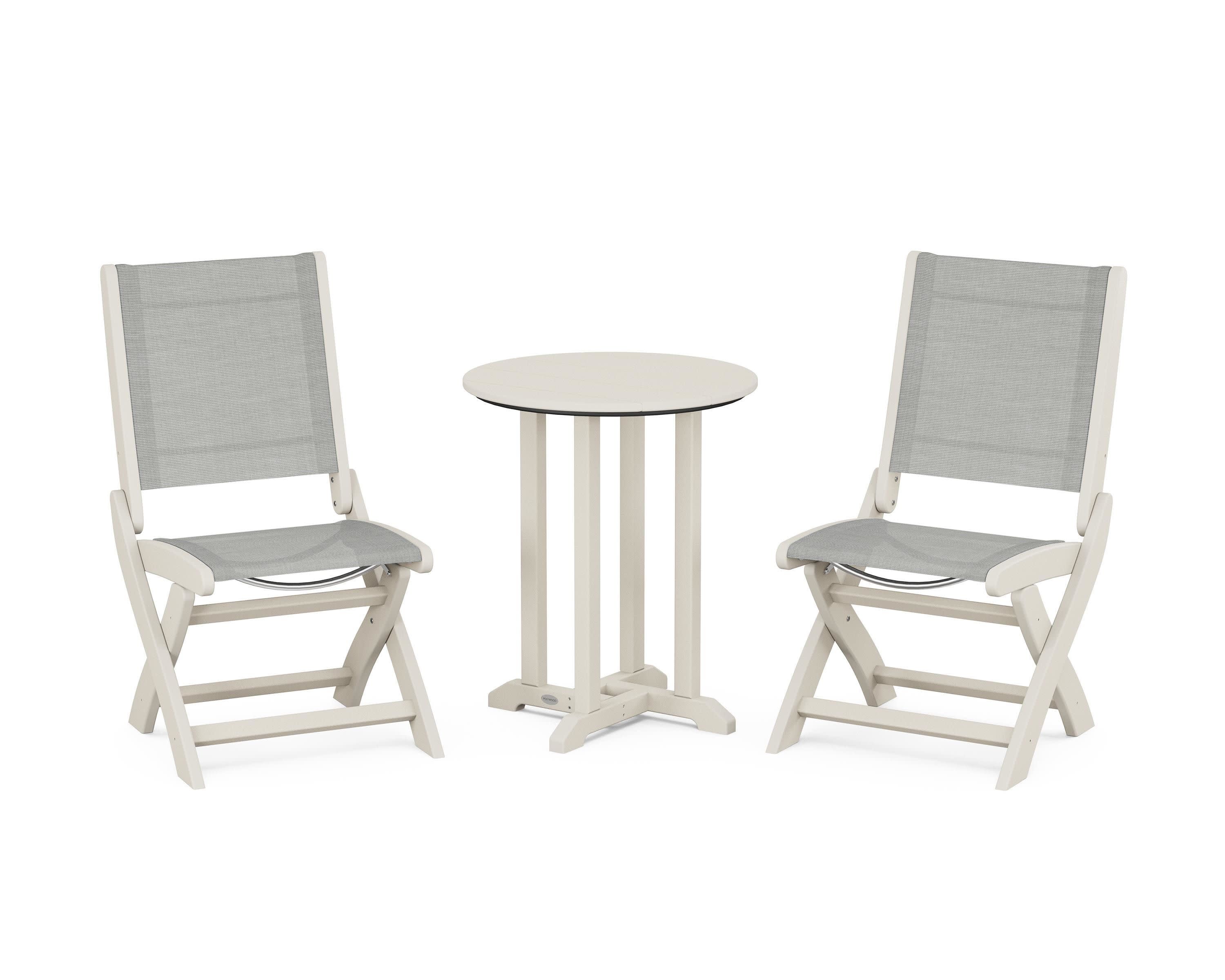 Coastal Folding Side Chair 3-Piece Round Bistro Dining Set in Sand / Metallic Sling