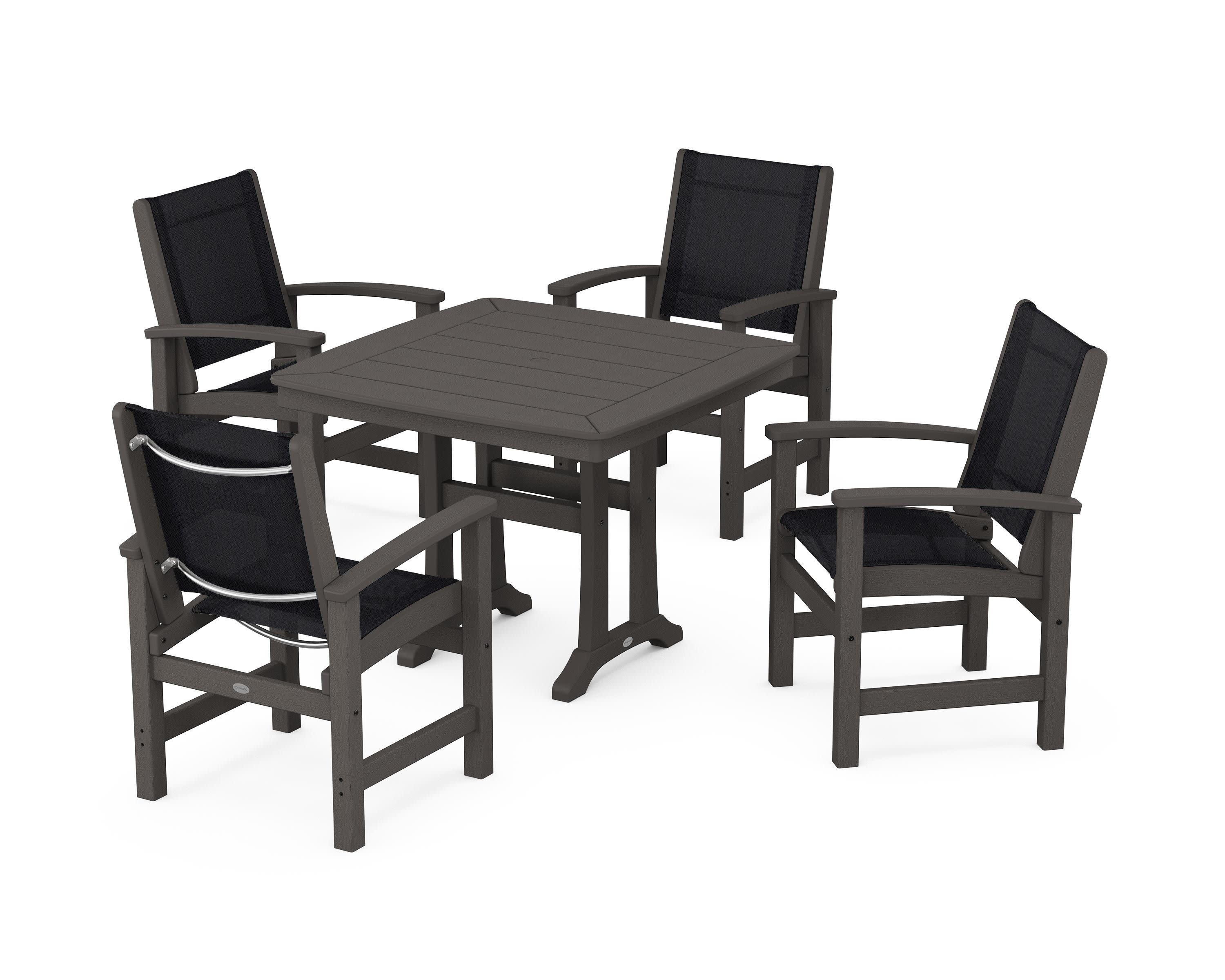 Coastal 5-Piece Dining Set with Trestle Legs in Vintage Coffee / Black Sling