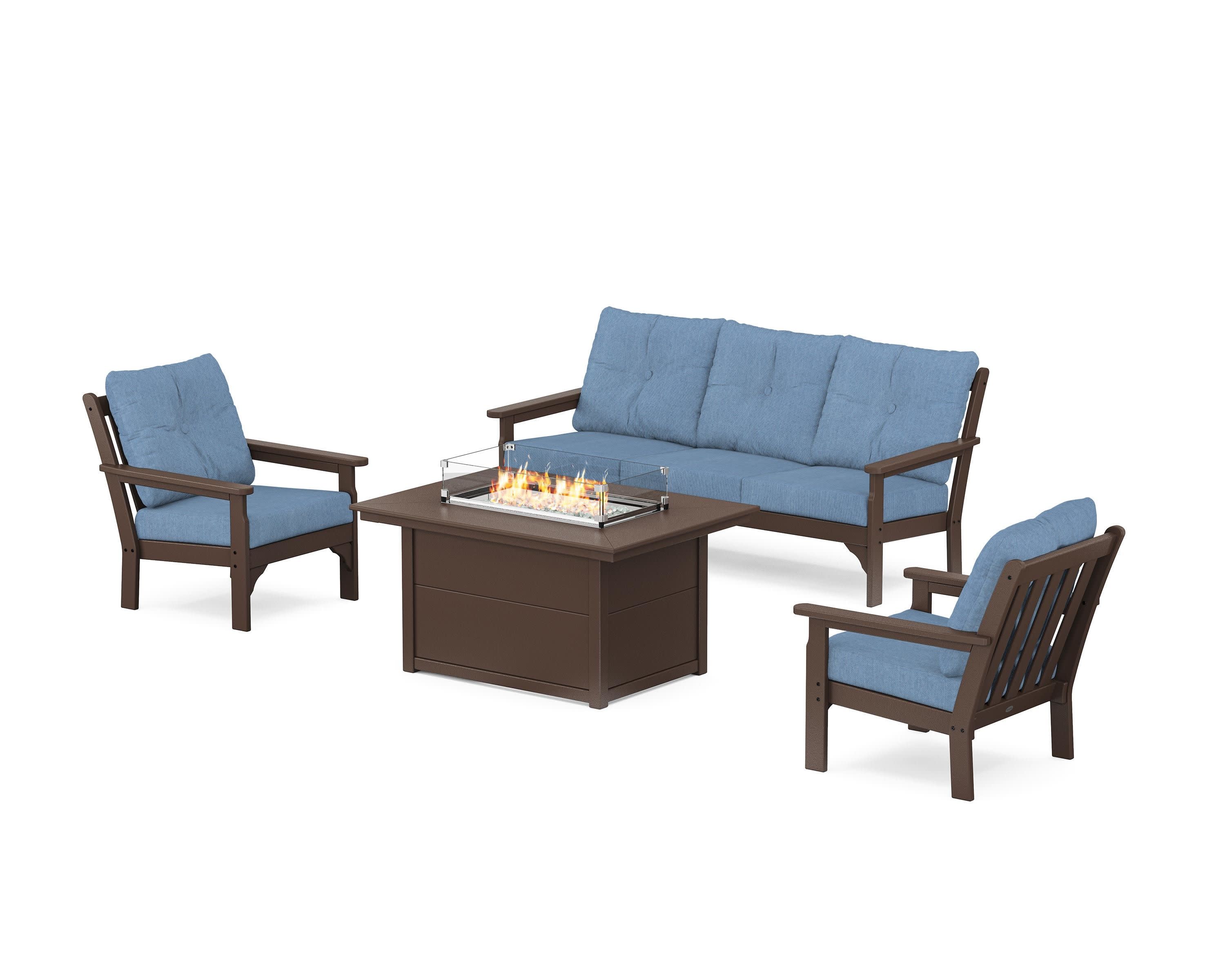 Vineyard Deep Seating Fire Pit Table Set in Mahogany / Sky Blue