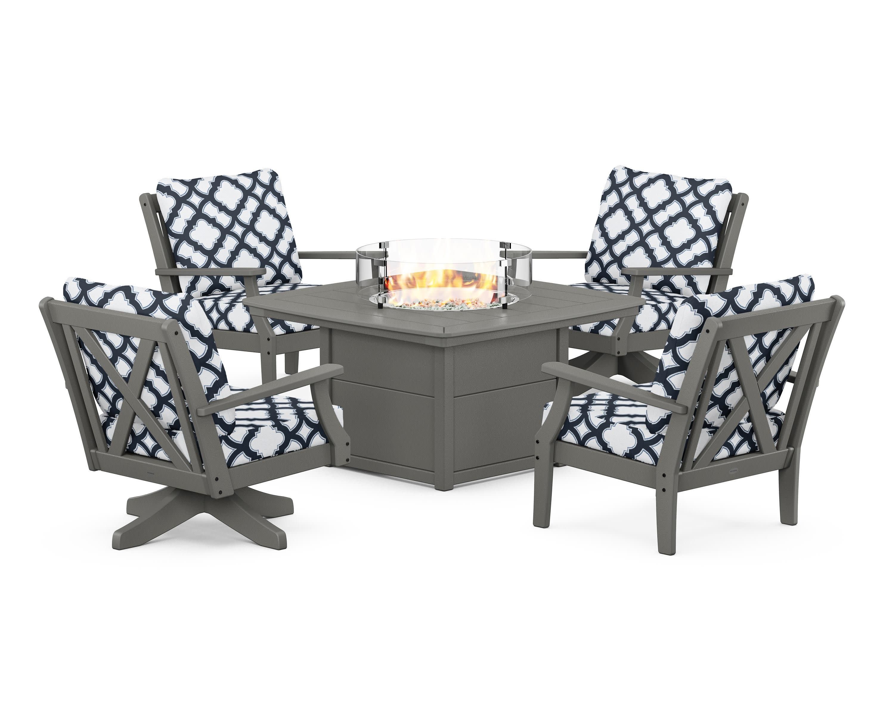 Braxton 5-Piece Deep Seating Set with Fire Table in Slate Grey / Trellis Marine Indigo