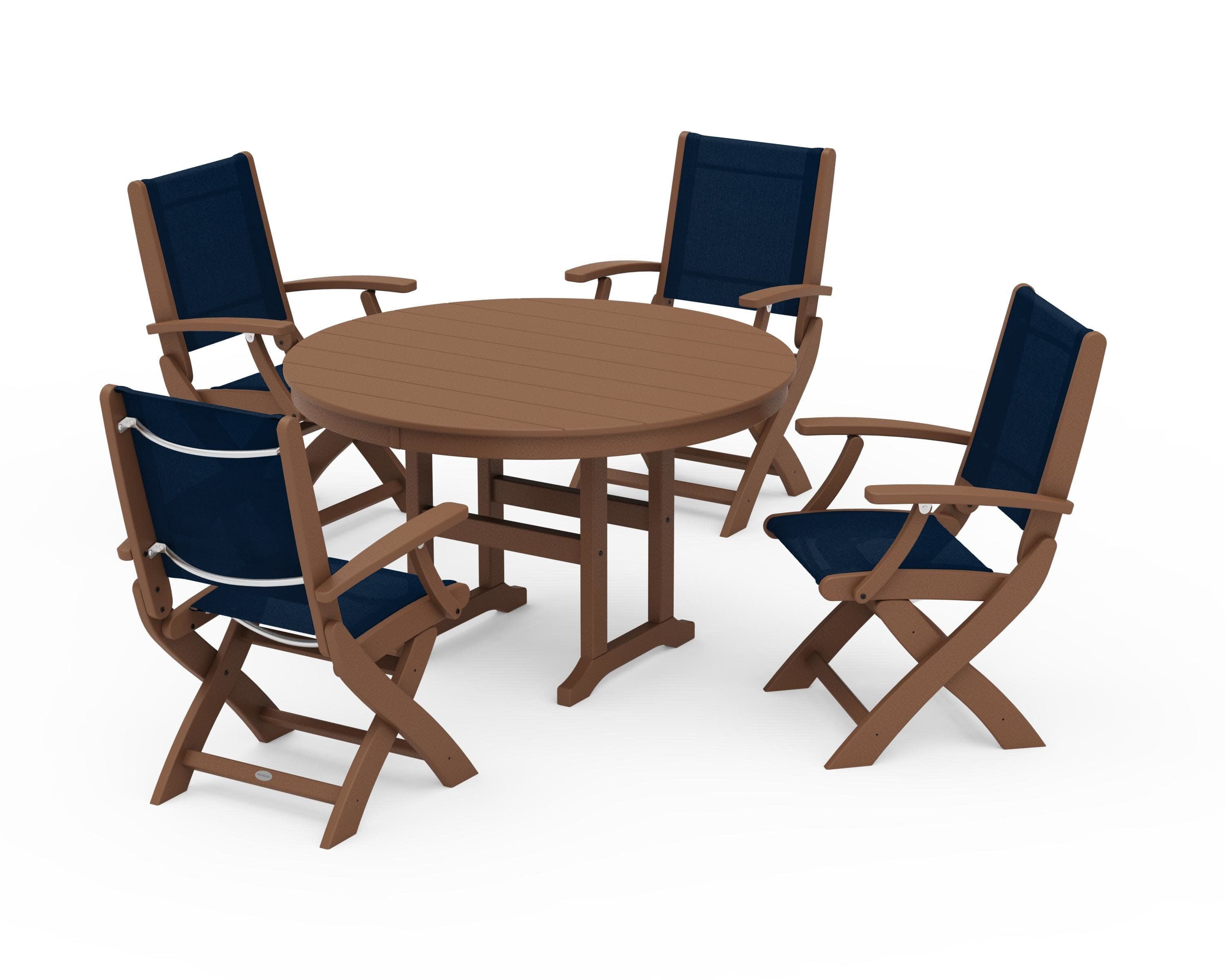 Coastal Folding Chair 5-Piece Round Dining Set in Teak / Navy Blue Sling