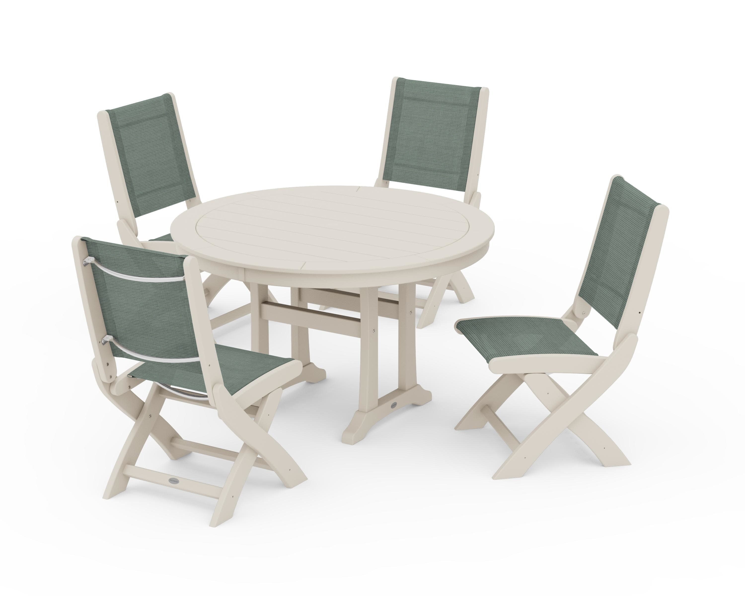 Coastal Folding Side Chair 5-Piece Round Dining Set With Trestle Legs in Sand / Dupioni Sea Mist Sling