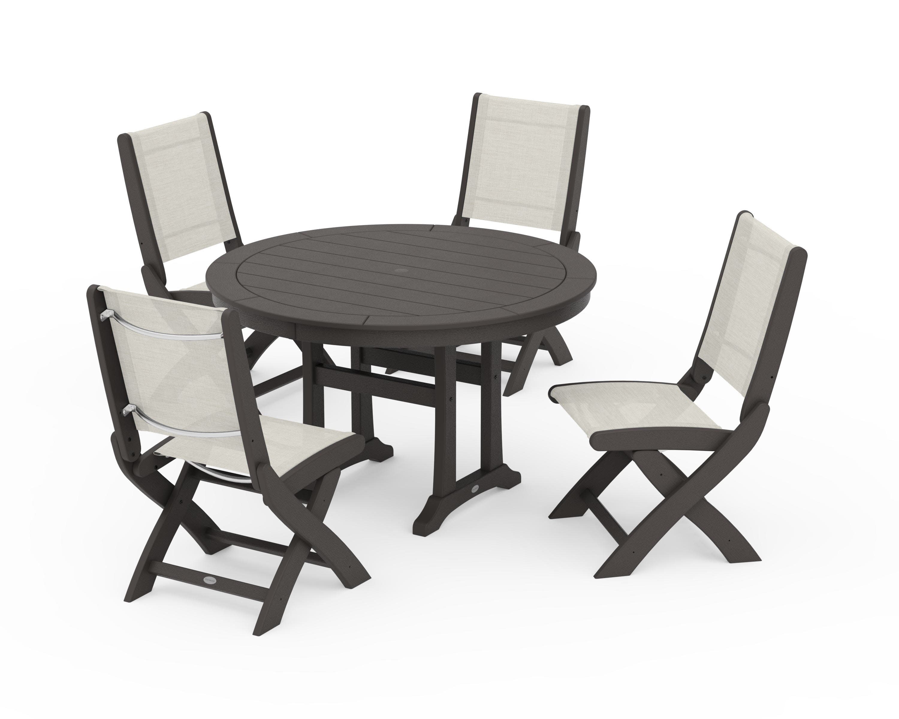 Coastal Folding Side Chair 5-Piece Round Dining Set With Trestle Legs in Vintage Coffee / Parchment Sling