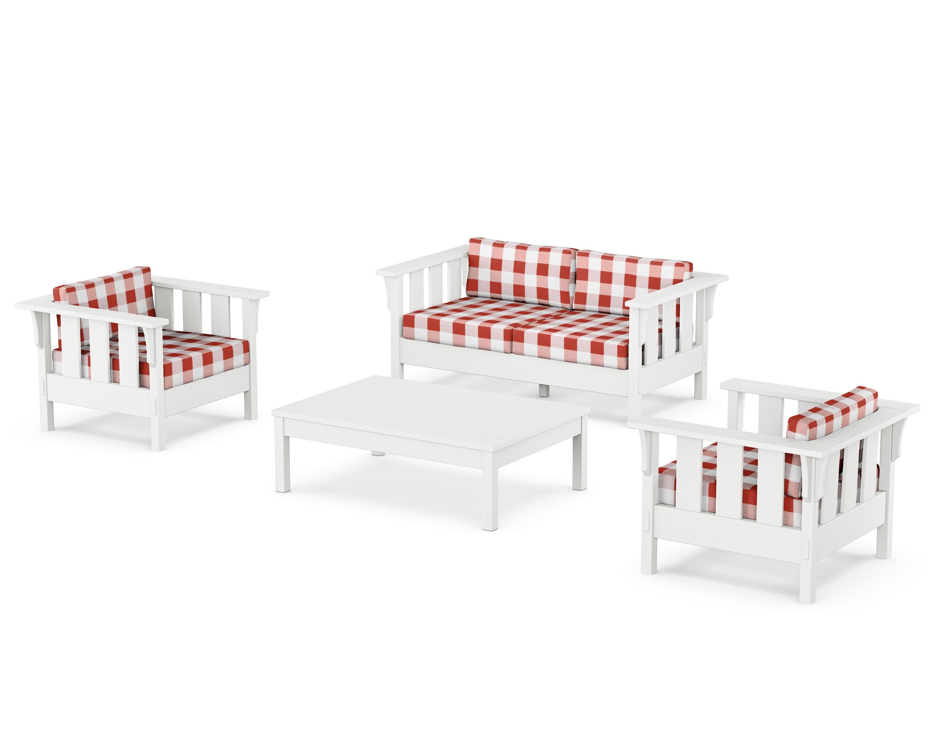Acadia 4-Piece Deep Seating Set with Loveseat in White / Buffalo Plaid Crimson