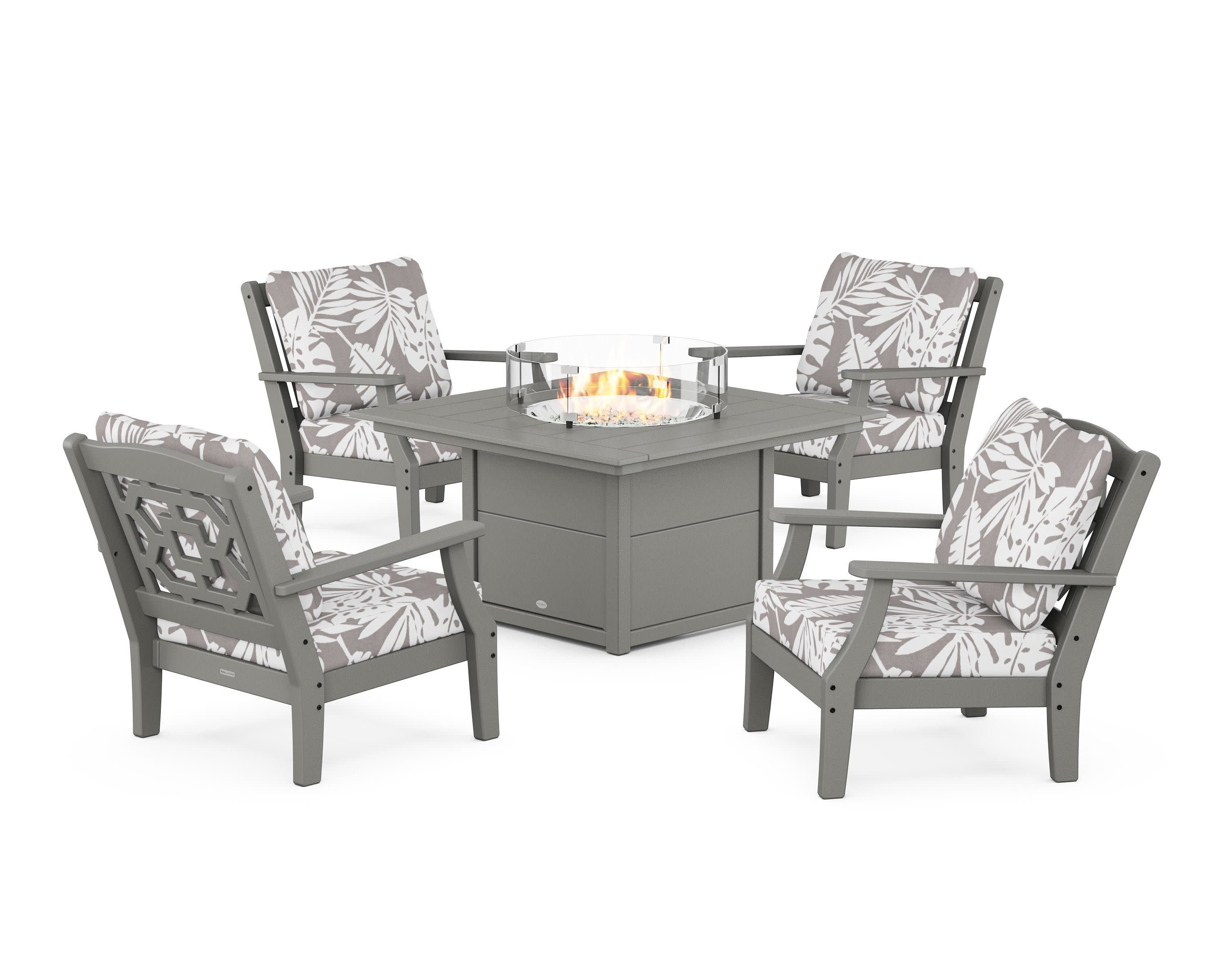 Chinoiserie 5-Piece Deep Seating Set with Fire Pit Table in Slate Grey / Leaf Grey Mist