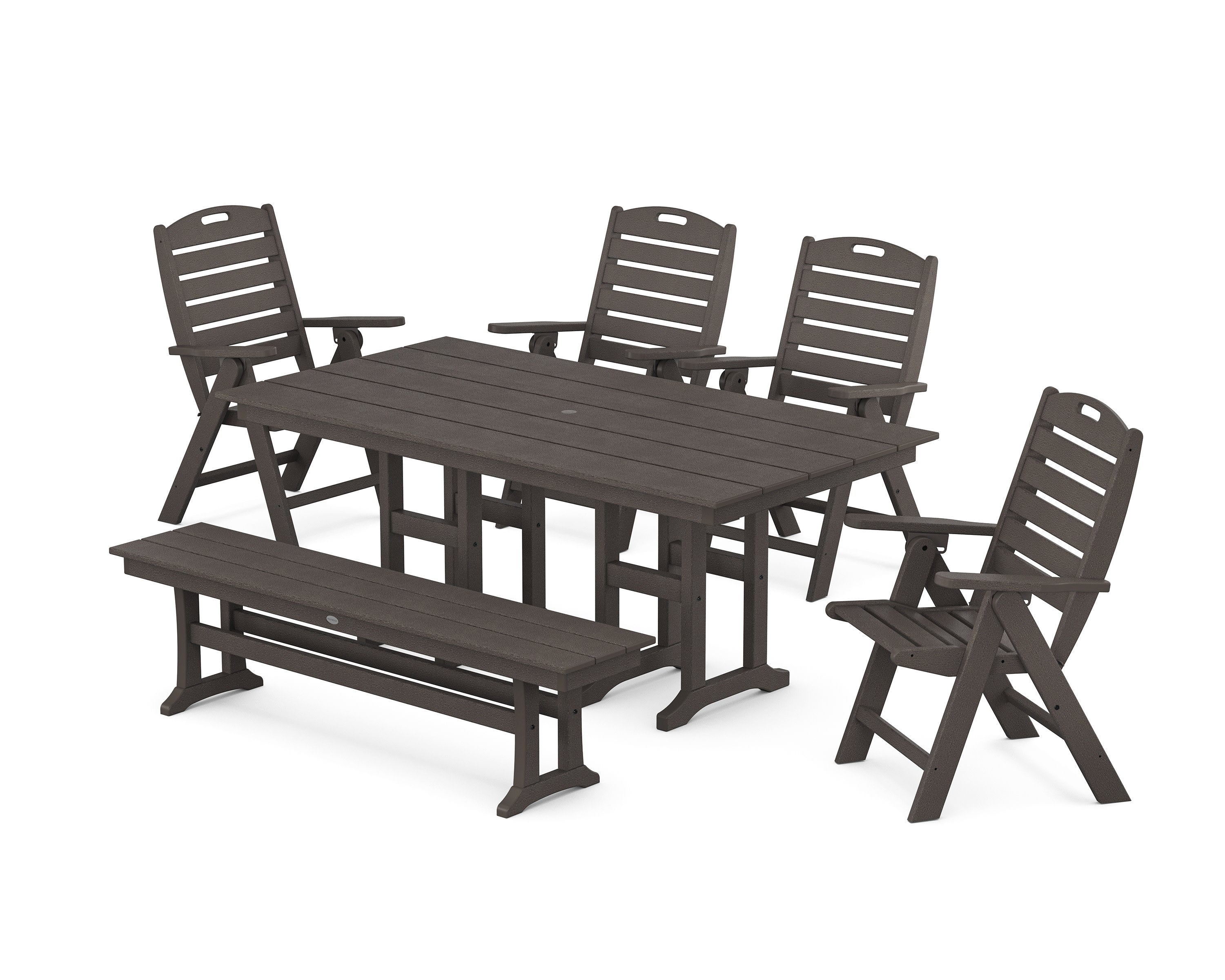 Nautical Highback 6-Piece Farmhouse Dining Set with Bench in Vintage Coffee