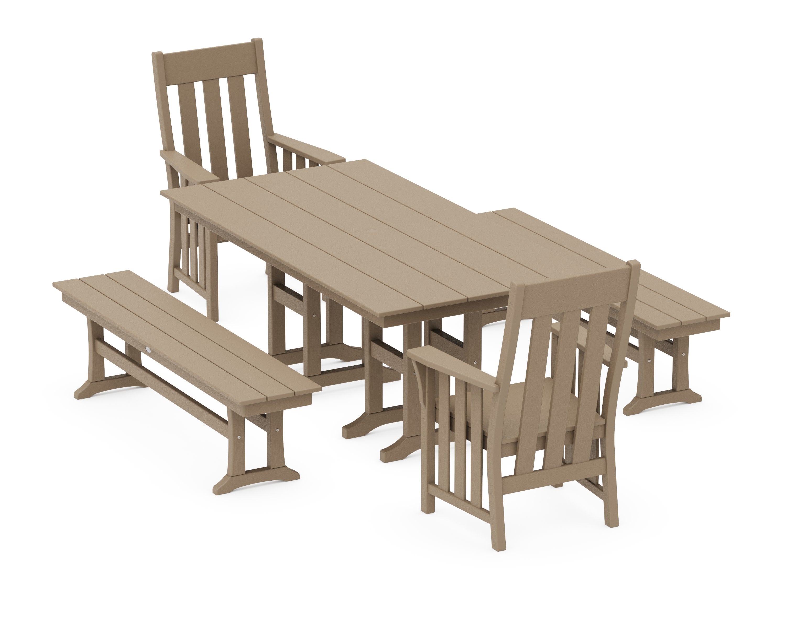 Acadia 5-Piece Farmhouse Dining Set with Benches in Vintage Sahara