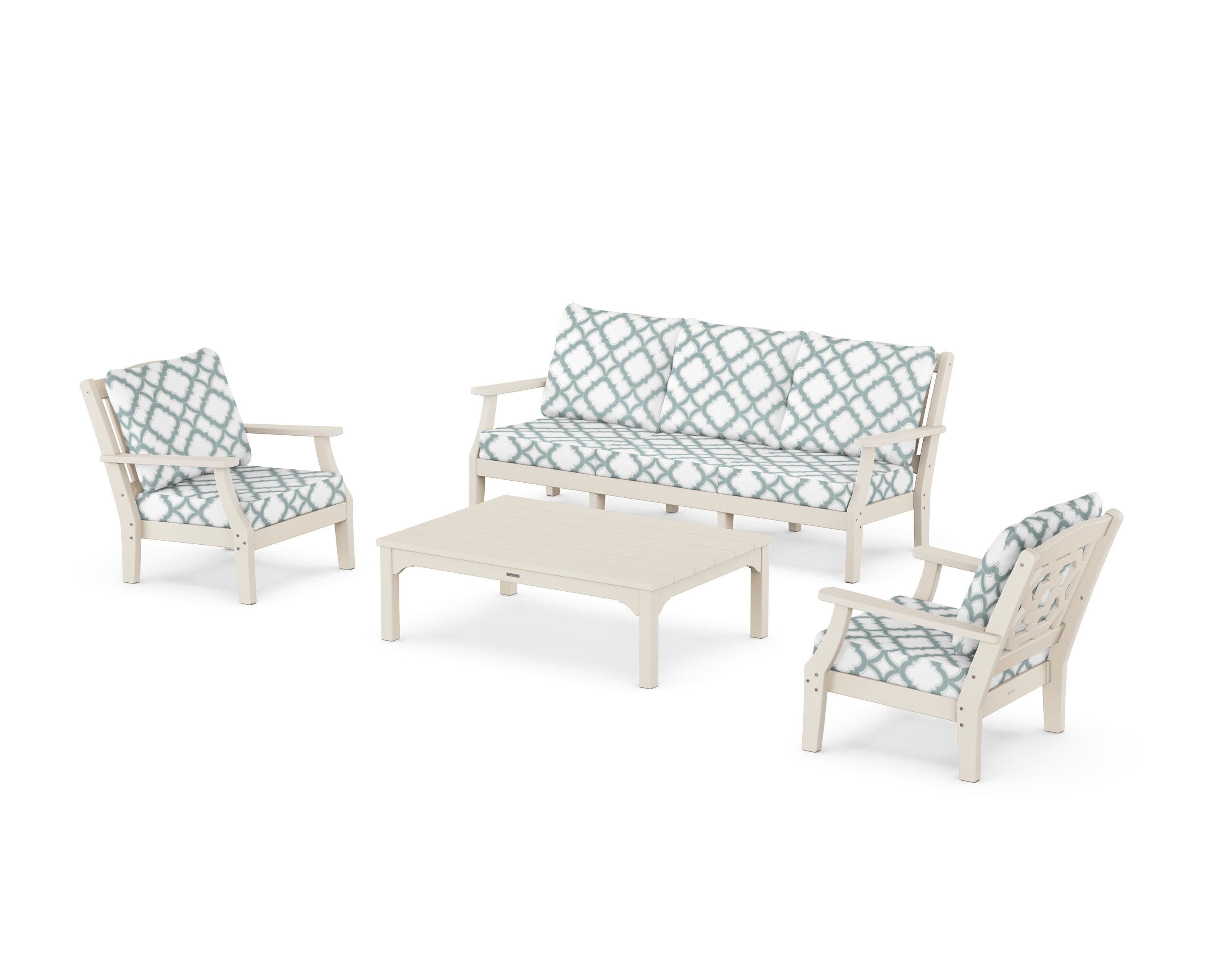Chinoiserie 4-Piece Deep Seating Set with Sofa in Sand / Trellis Glacier Spa