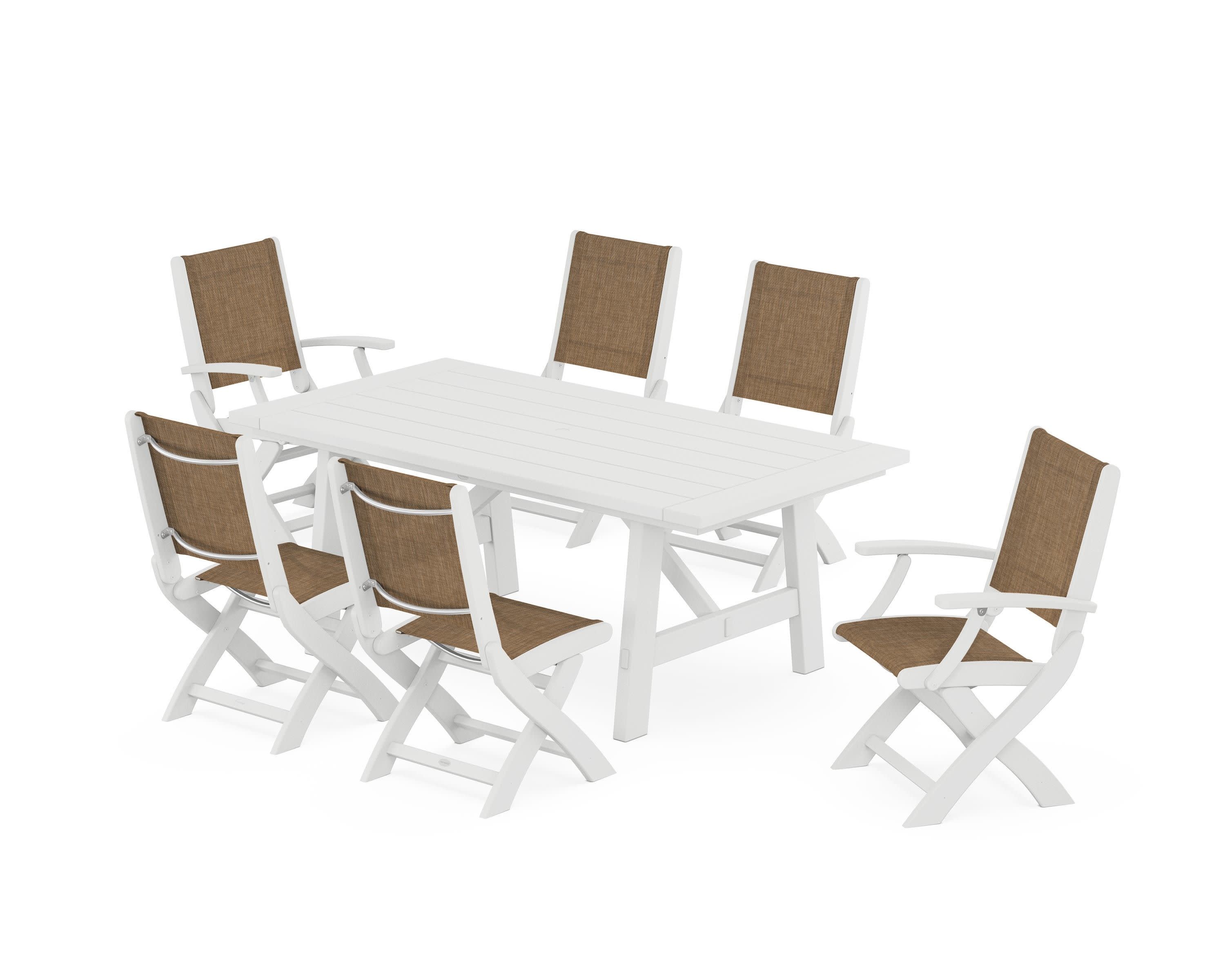 Coastal Folding Chair 7-Piece Rustic Farmhouse Dining Set in White / Burlap Sling