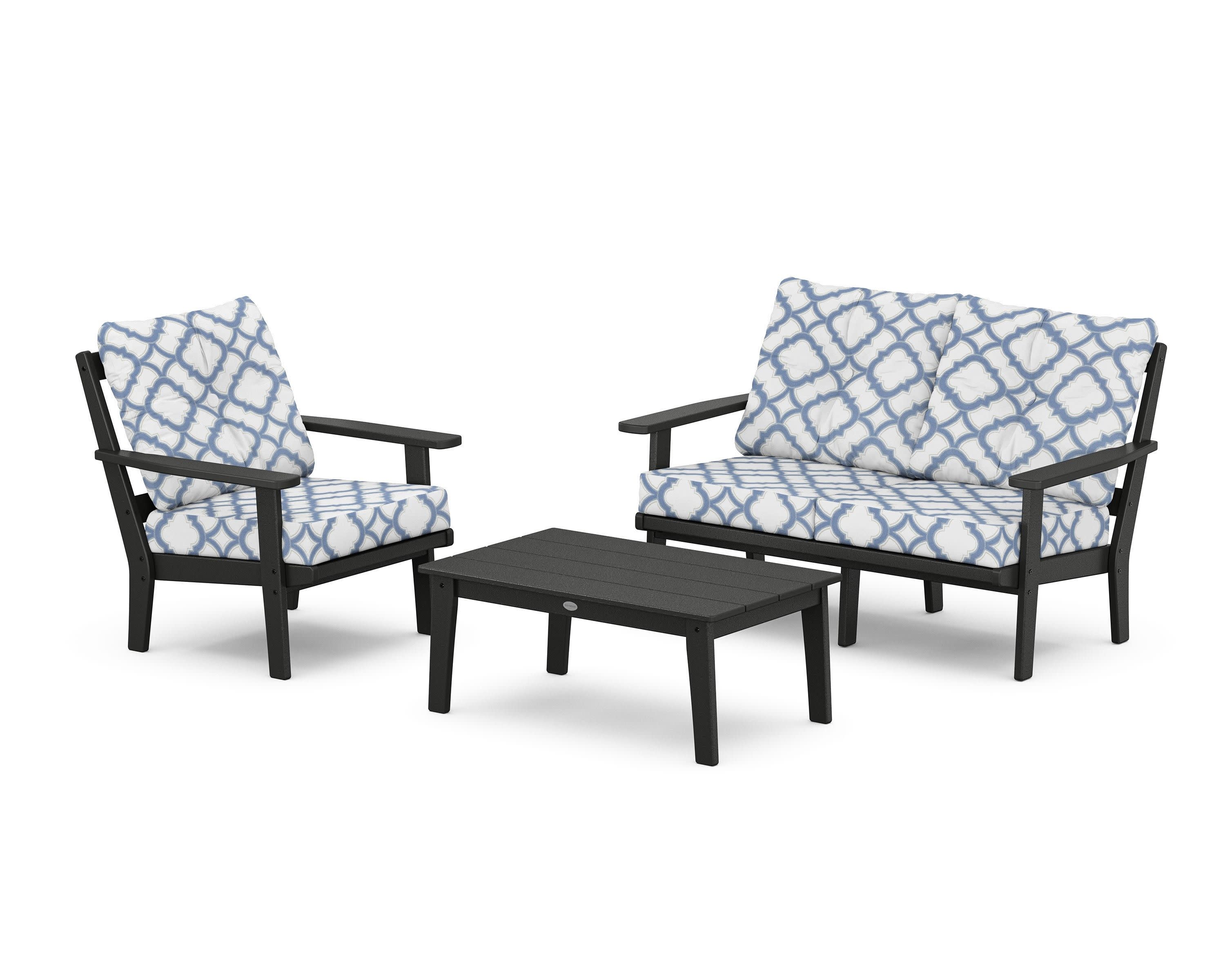 Oxford 3-Piece Deep Seating Set with Loveseat in Black / Trellis Sky Blue
