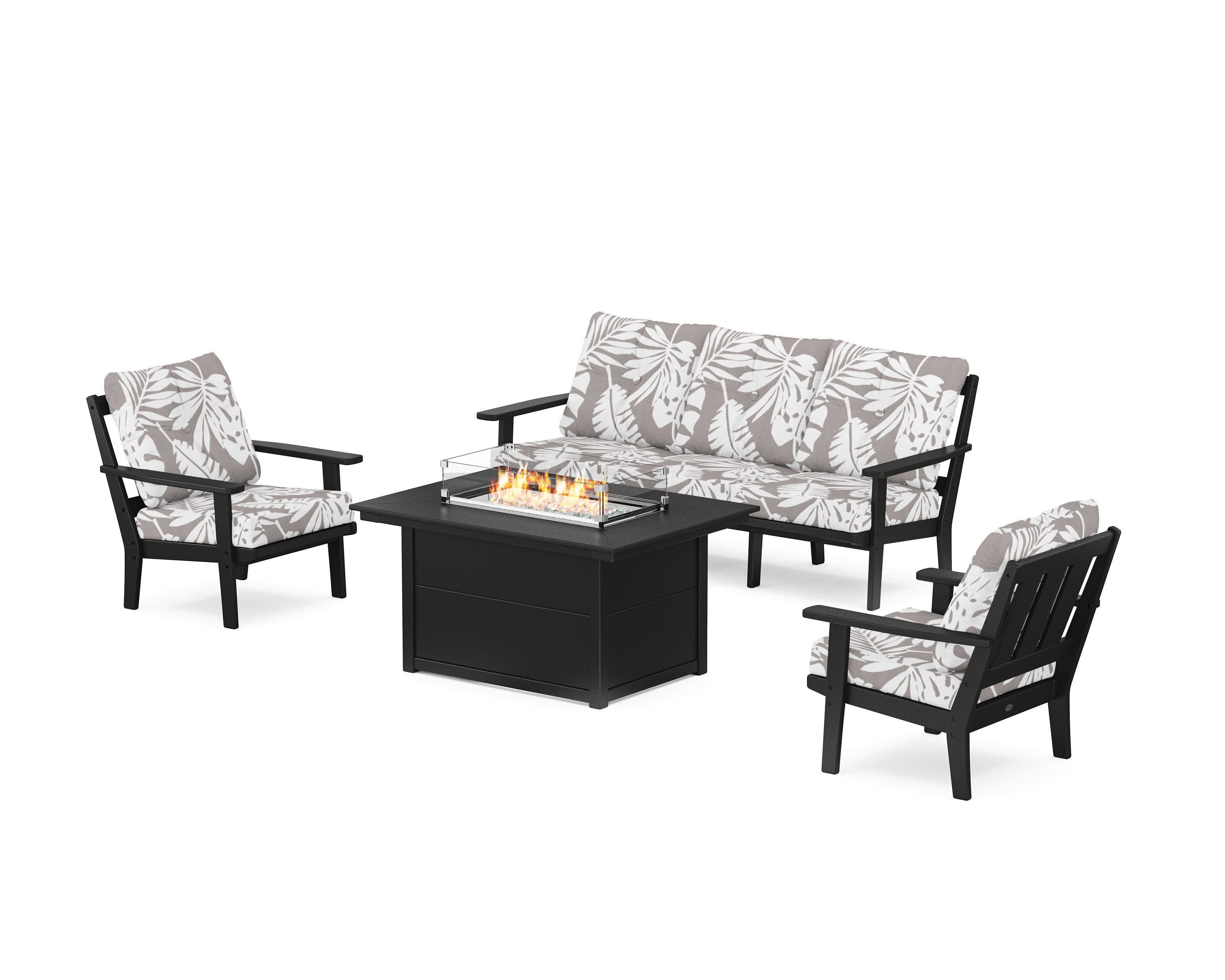 Oxford Deep Seating Fire Pit Table Set in Black / Leaf Grey Mist