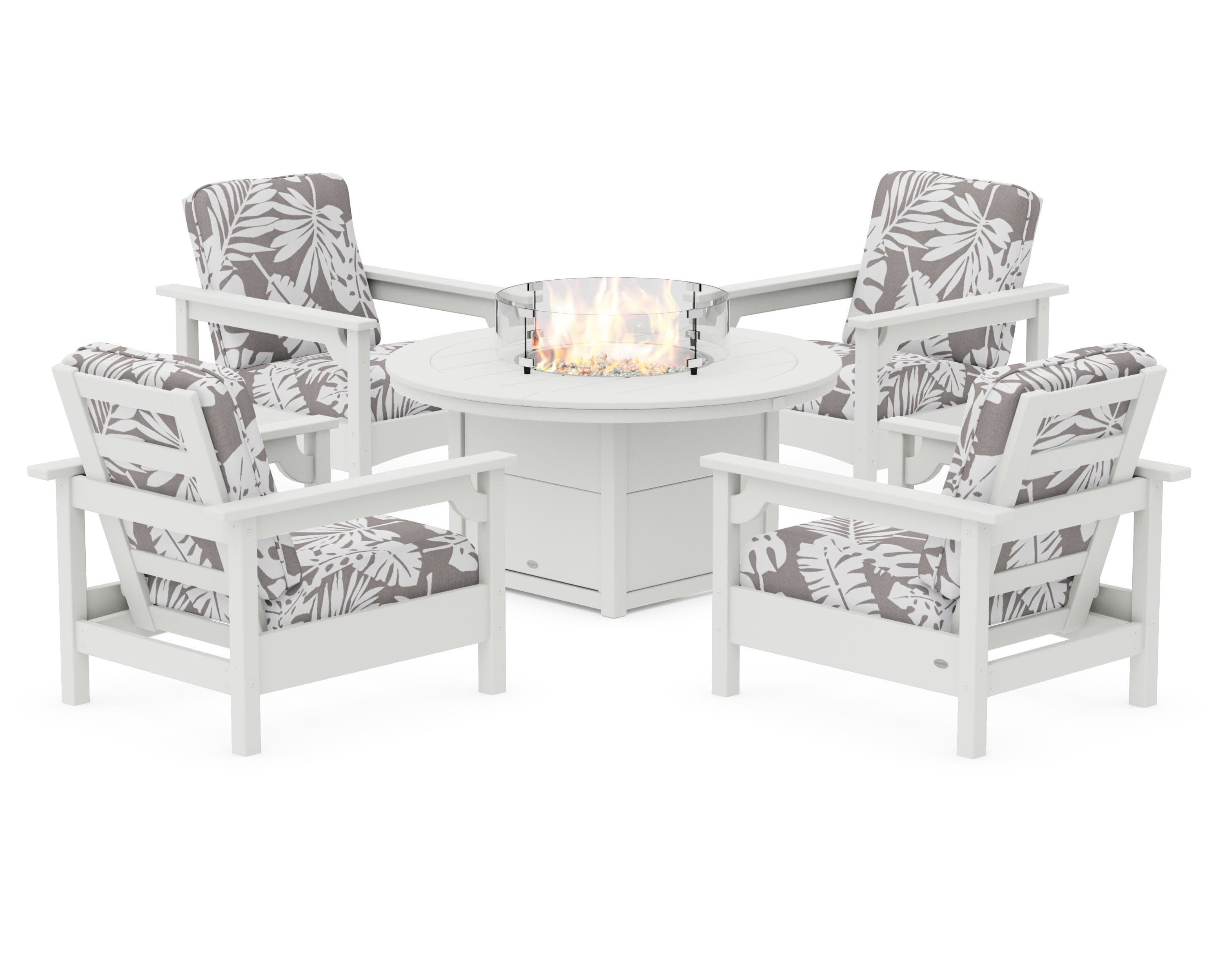 Club 5-Piece Conversation Set with Fire Pit Table in Vintage White / Leaf Grey Mist