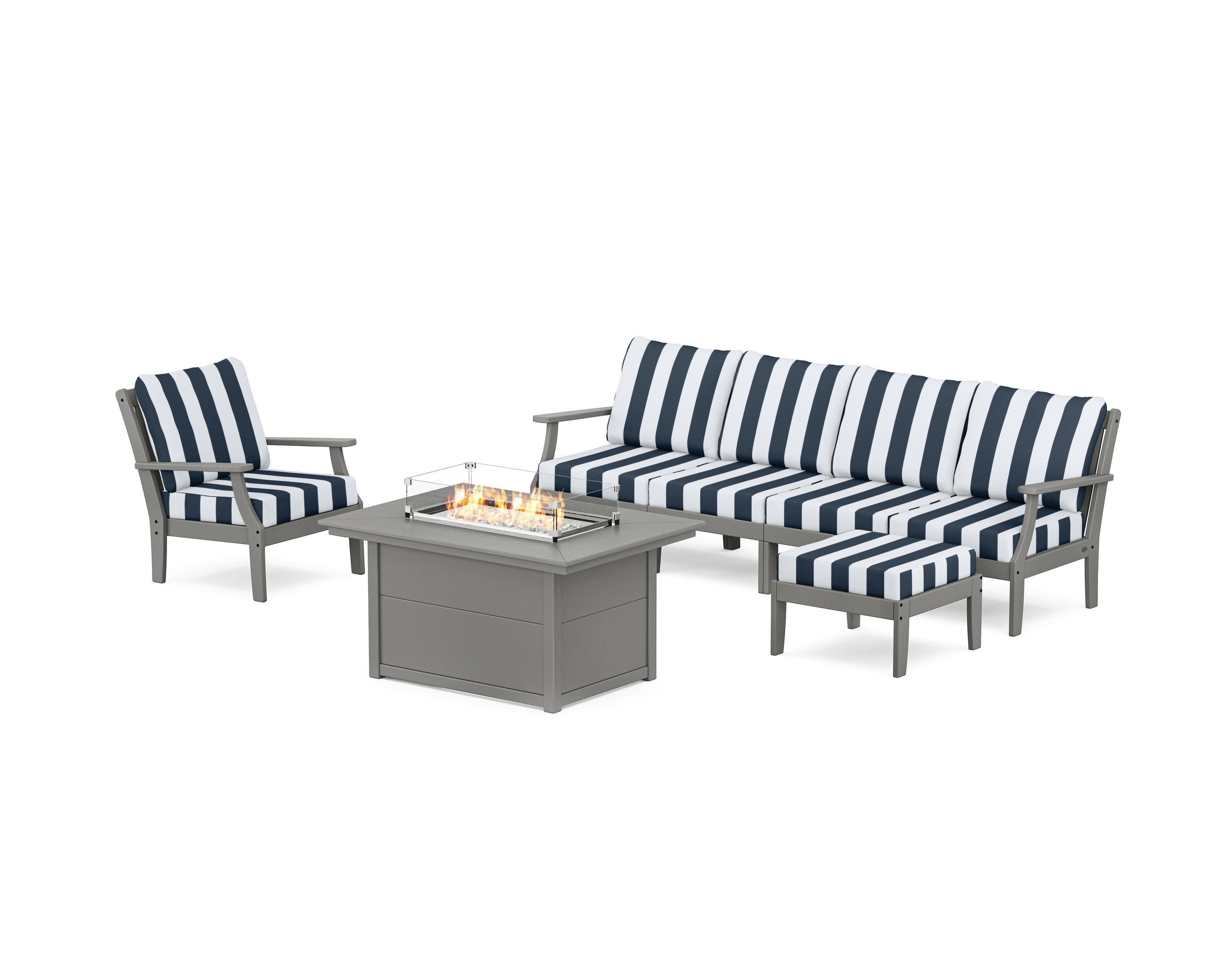 Braxton Sectional Lounge and Fire Pit Set in Slate Grey / Cabana Stripe Marine Indigo