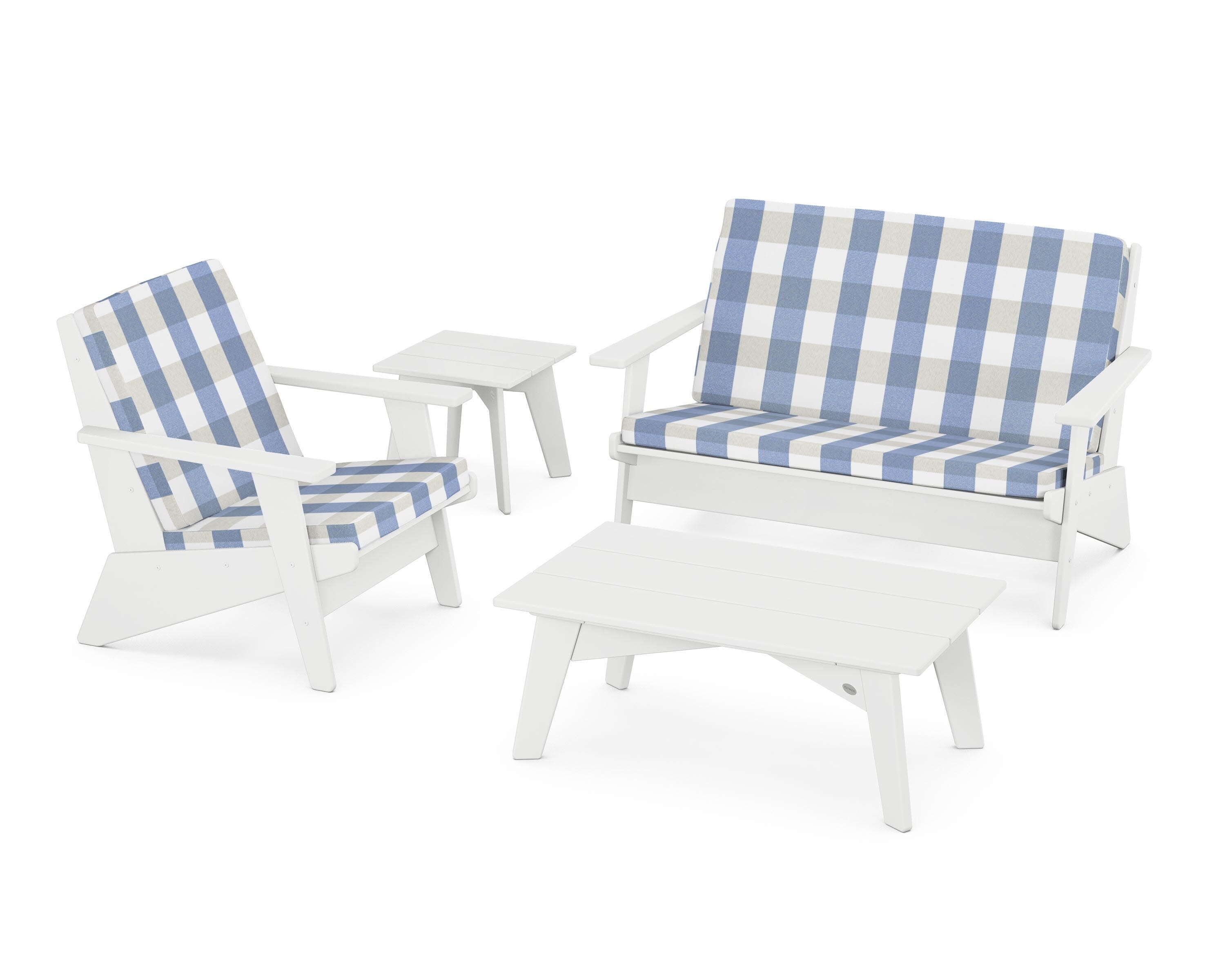 Riviera Modern Lounge 4-Piece Set in White / Buffalo Plaid Sky Blue