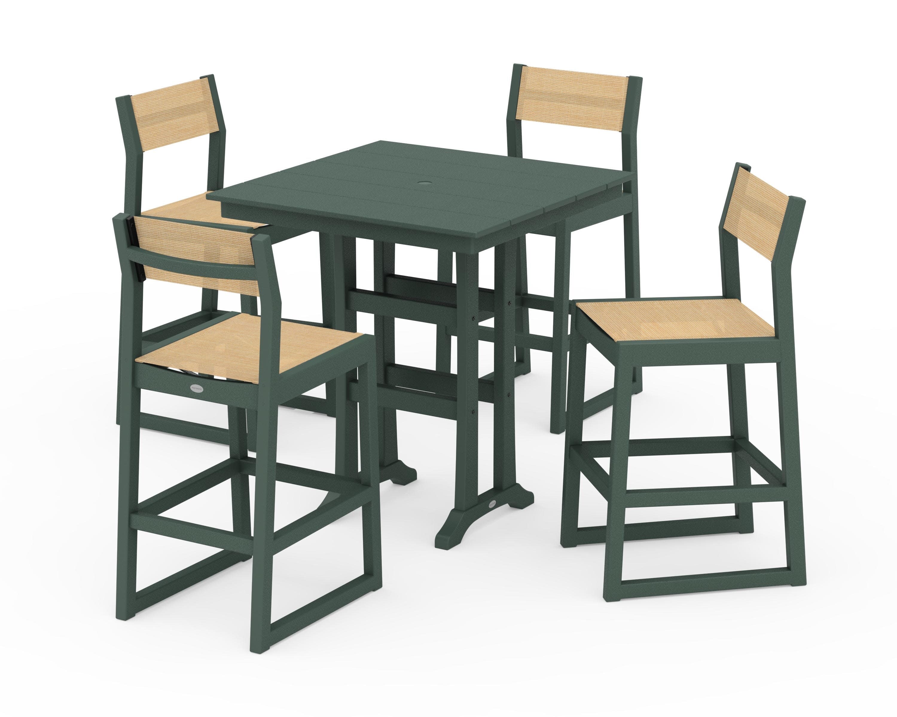 EDGE Sling Arm Chair 5-Piece Farmhouse Bar Set with Trestle Legs in Green / Dupioni Apricot Sling