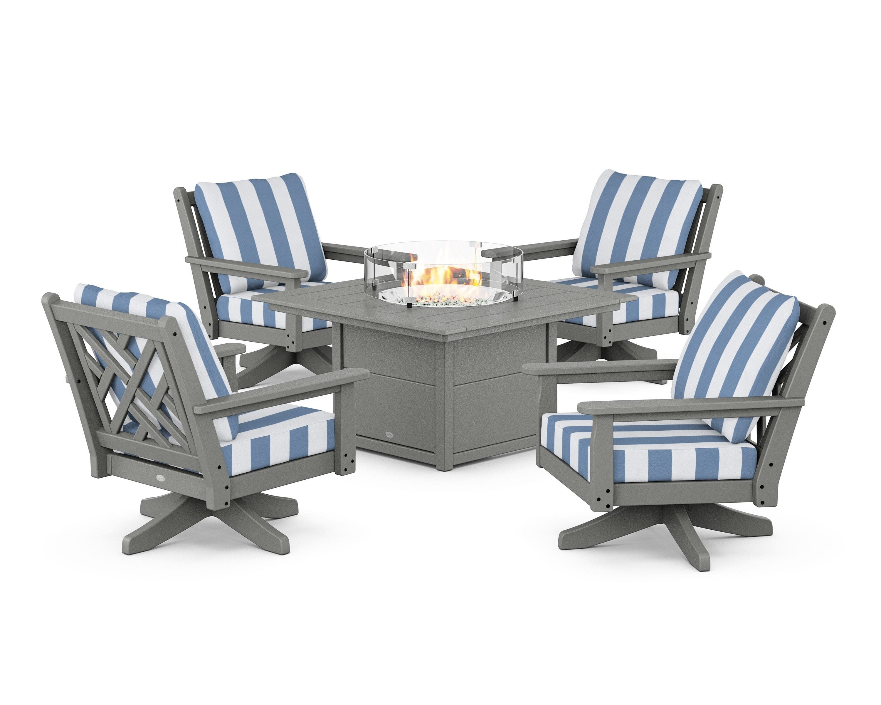 Chippendale 5-Piece Deep Seating Swivel Conversation Set with Fire Pit Table in Slate Grey / Cabana Stripe Sky Blue