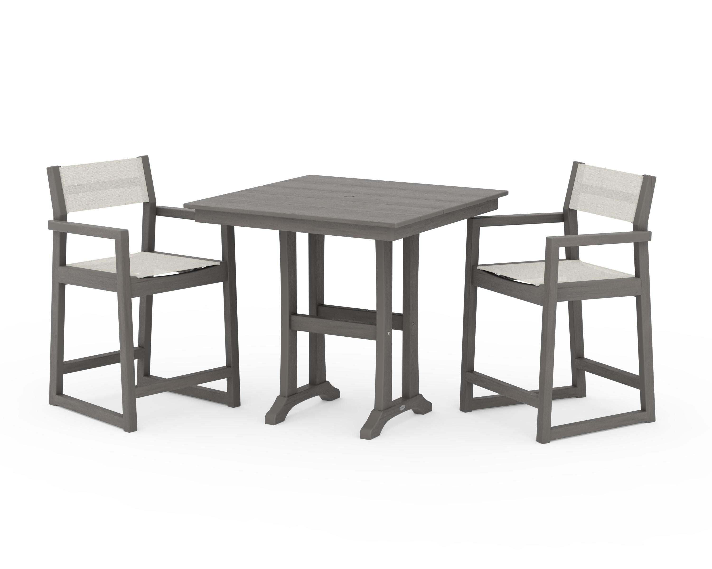 EDGE Sling Arm Chair 3-Piece Farmhouse Counter Set with Trestle Legs in Driftwood / Parchment Sling