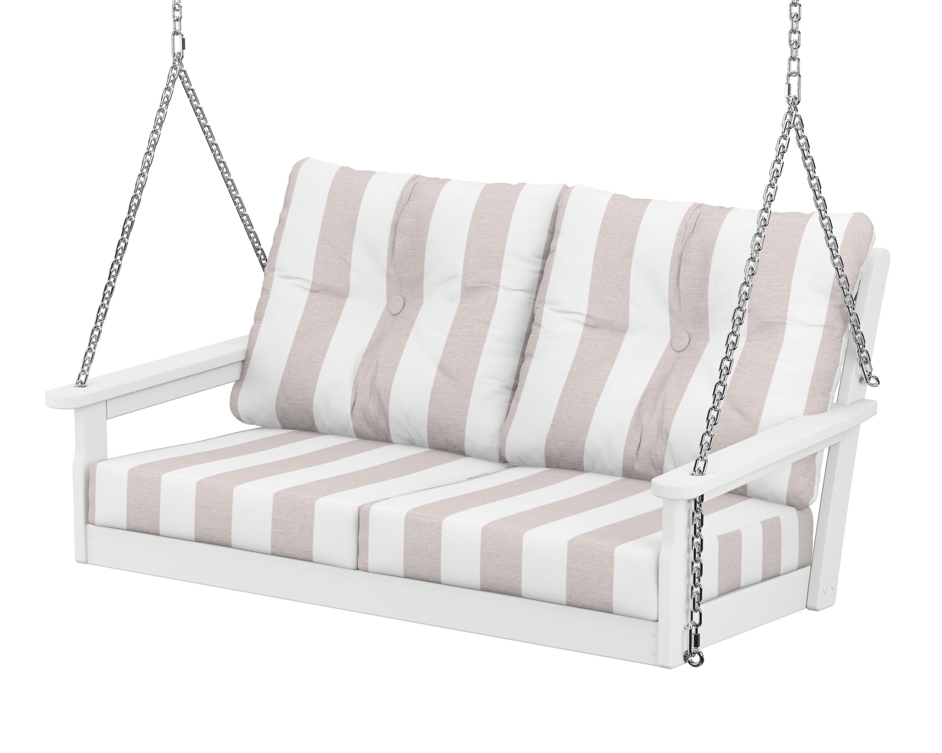 Vineyard Deep Seating Swing in White / Cabana Stripe Dune Burlap