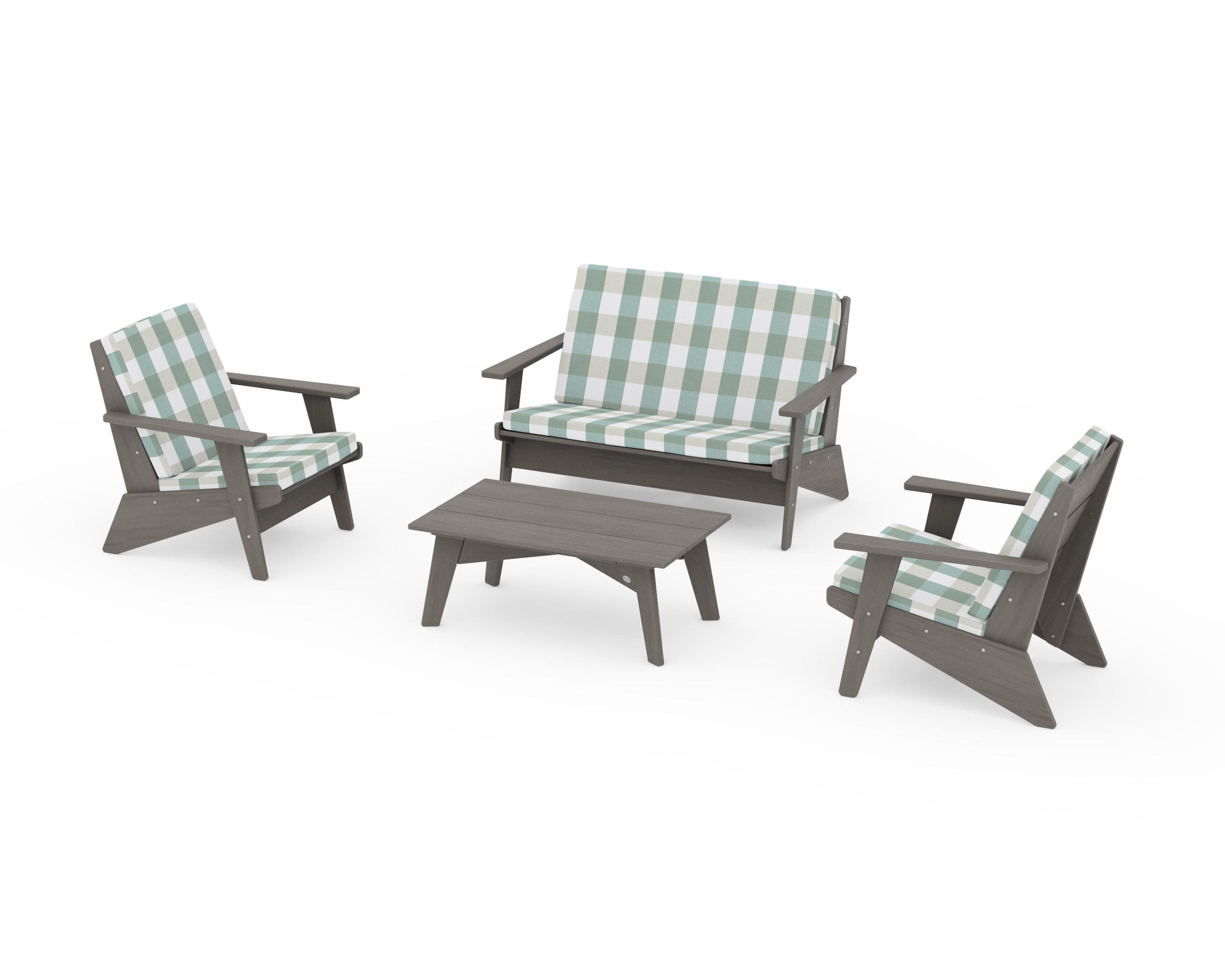 Riviera Modern Lounge 4-Piece Set in Driftwood / Buffalo Plaid Glacier Spa