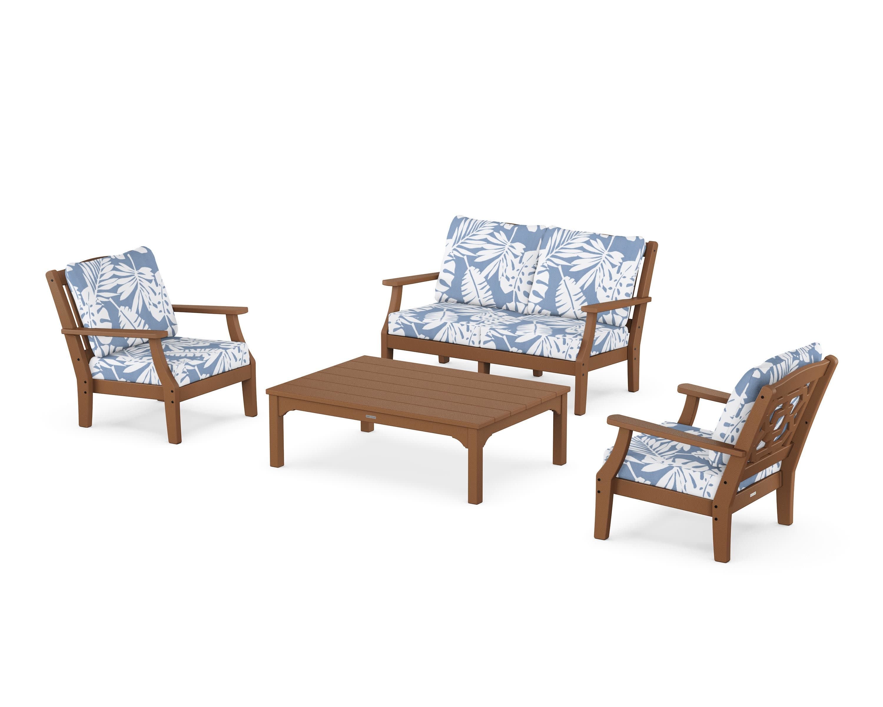 Chinoiserie 4-Piece Deep Seating Set with Loveseat in Teak / Leaf Sky Blue