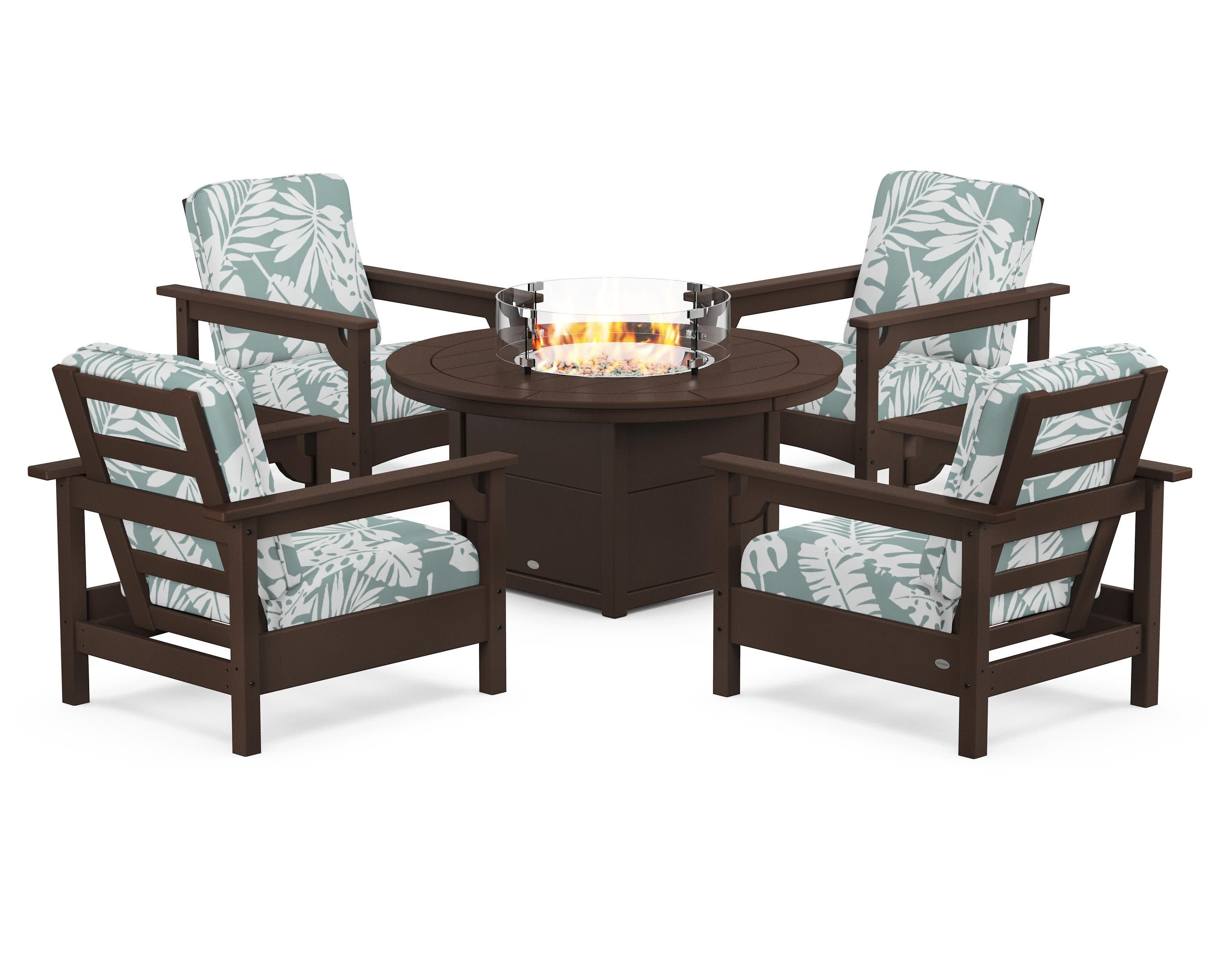Club 5-Piece Conversation Set with Fire Pit Table in Mahogany / Leaf Glacier Spa