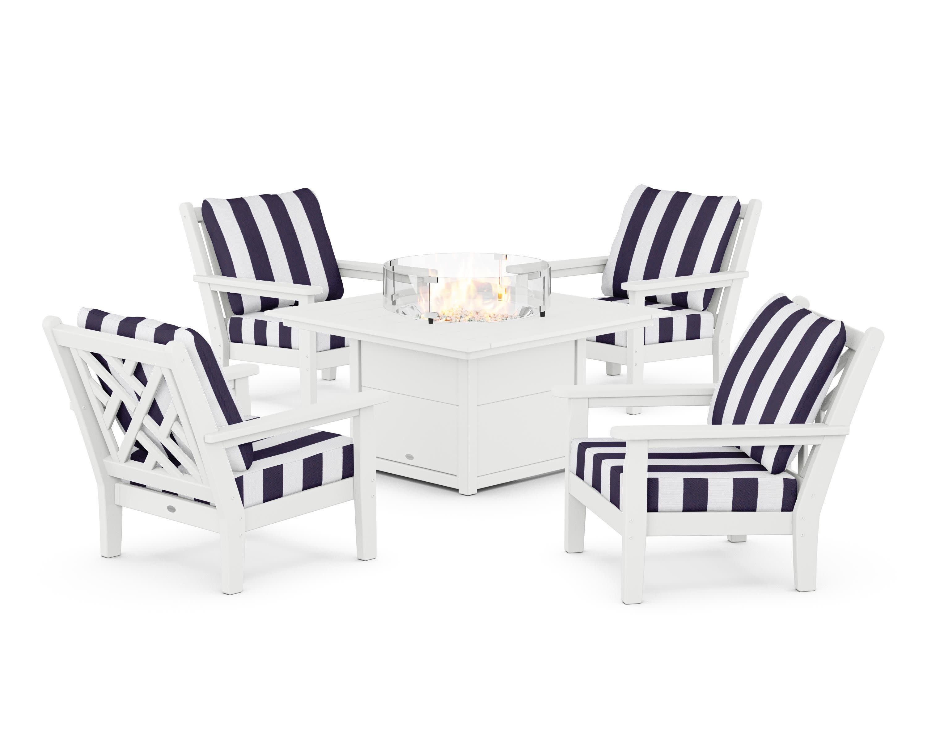 Chippendale 5-Piece Deep Seating Set with Fire Pit Table in White / Cabana Stripe Navy