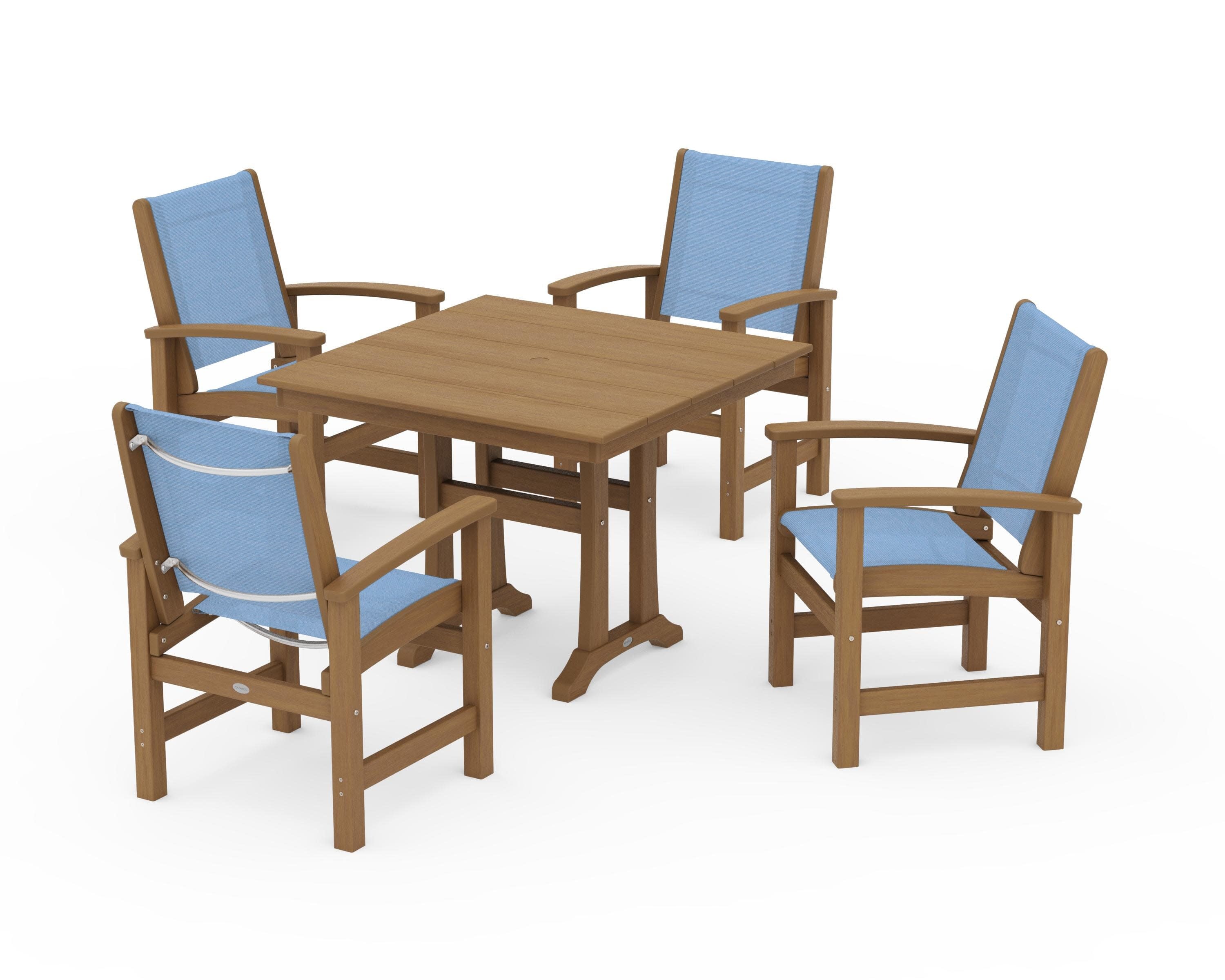 Coastal 5-Piece Farmhouse Dining Set With Trestle Legs in Natural / Poolside Sling