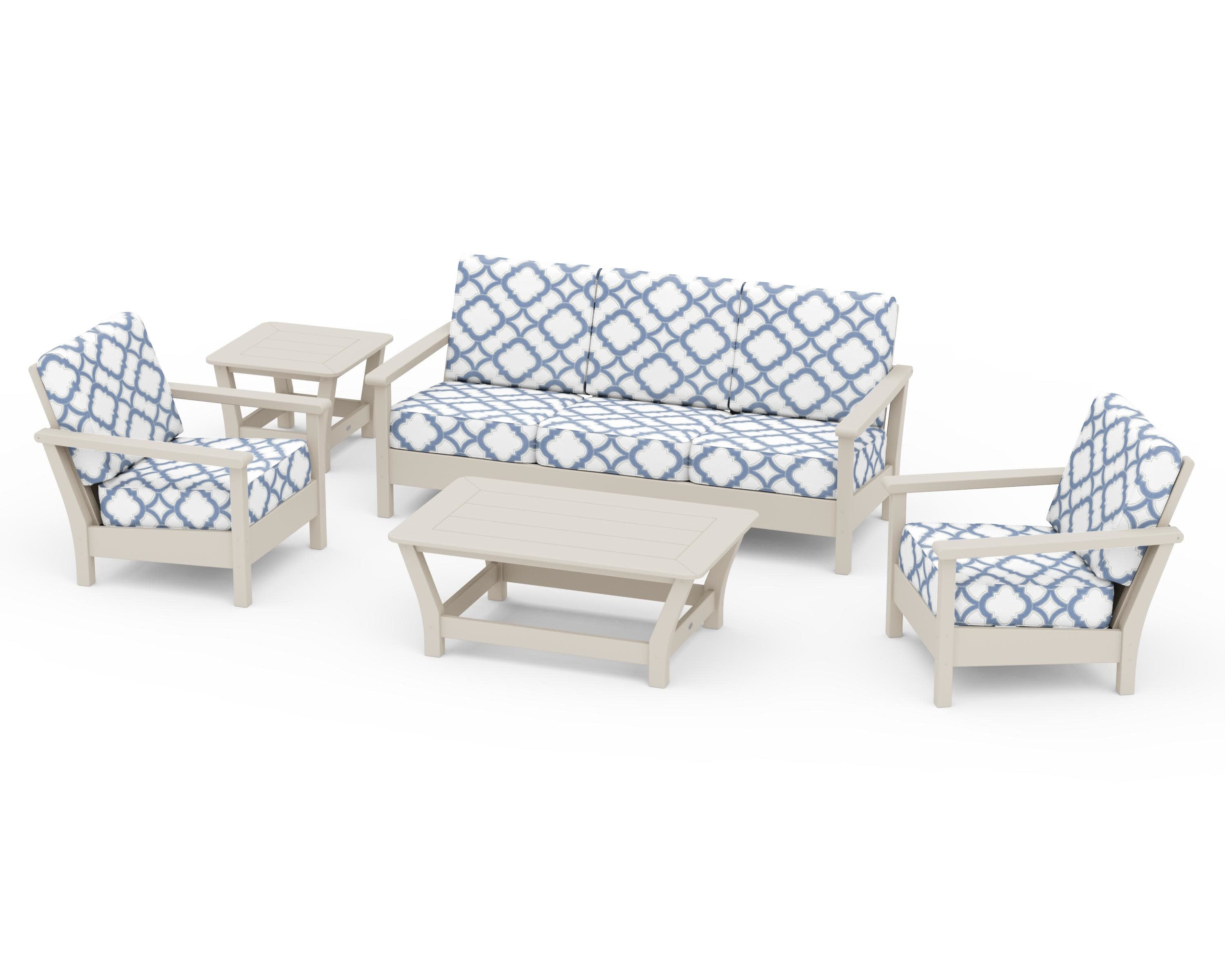 Harbour 5-Piece Deep Seating Set in Sand / Trellis Sky Blue
