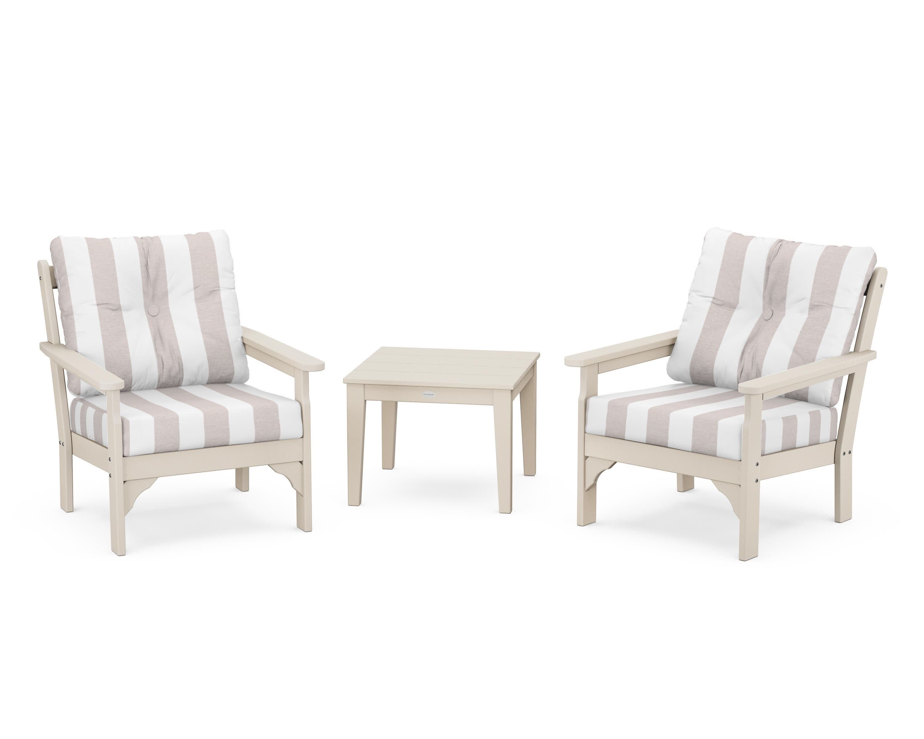 Vineyard 3-Piece Deep Seating Set in Sand / Cabana Stripe Dune Burlap