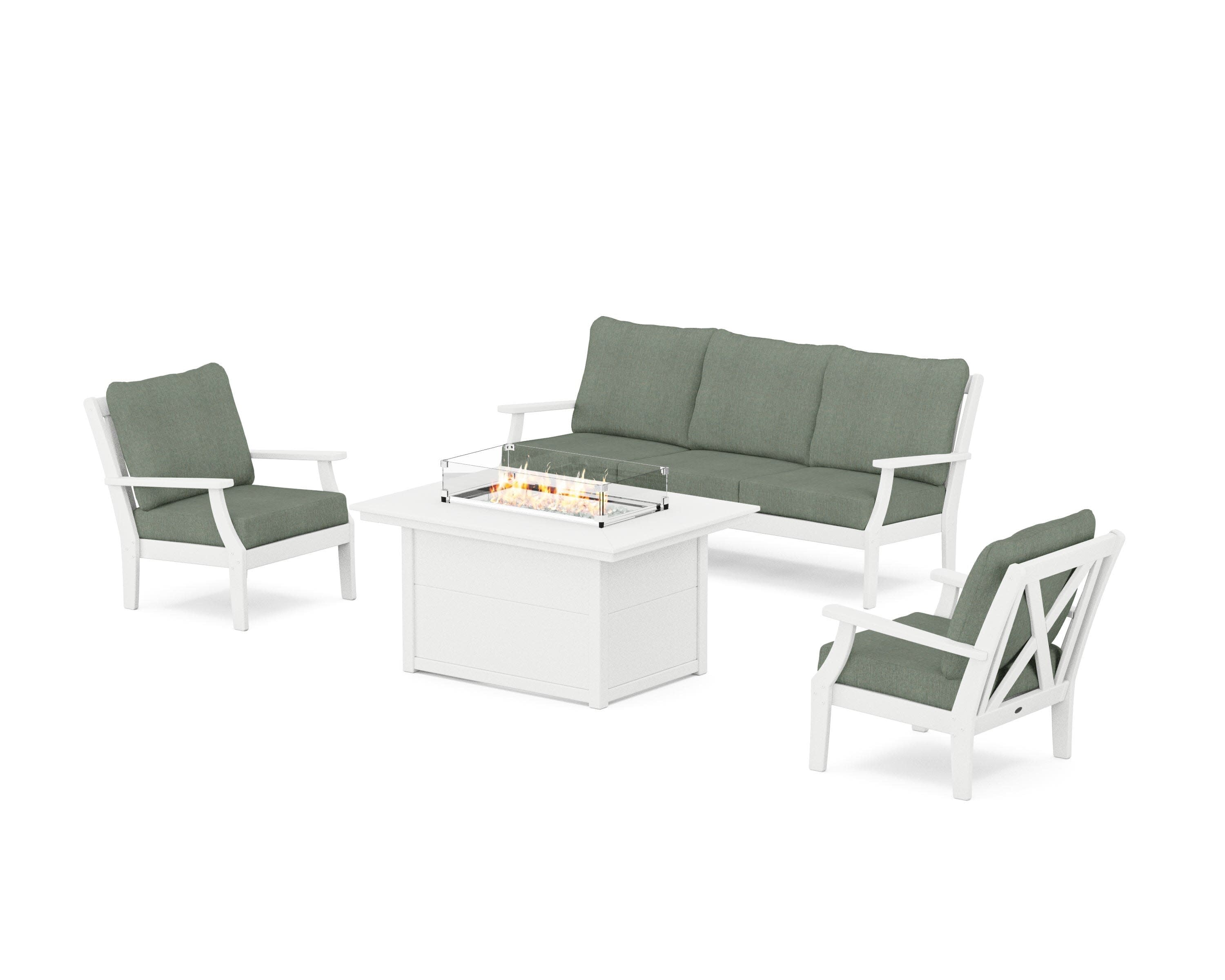 Braxton Deep Seating Fire Pit Table Set in White / Cast Sage