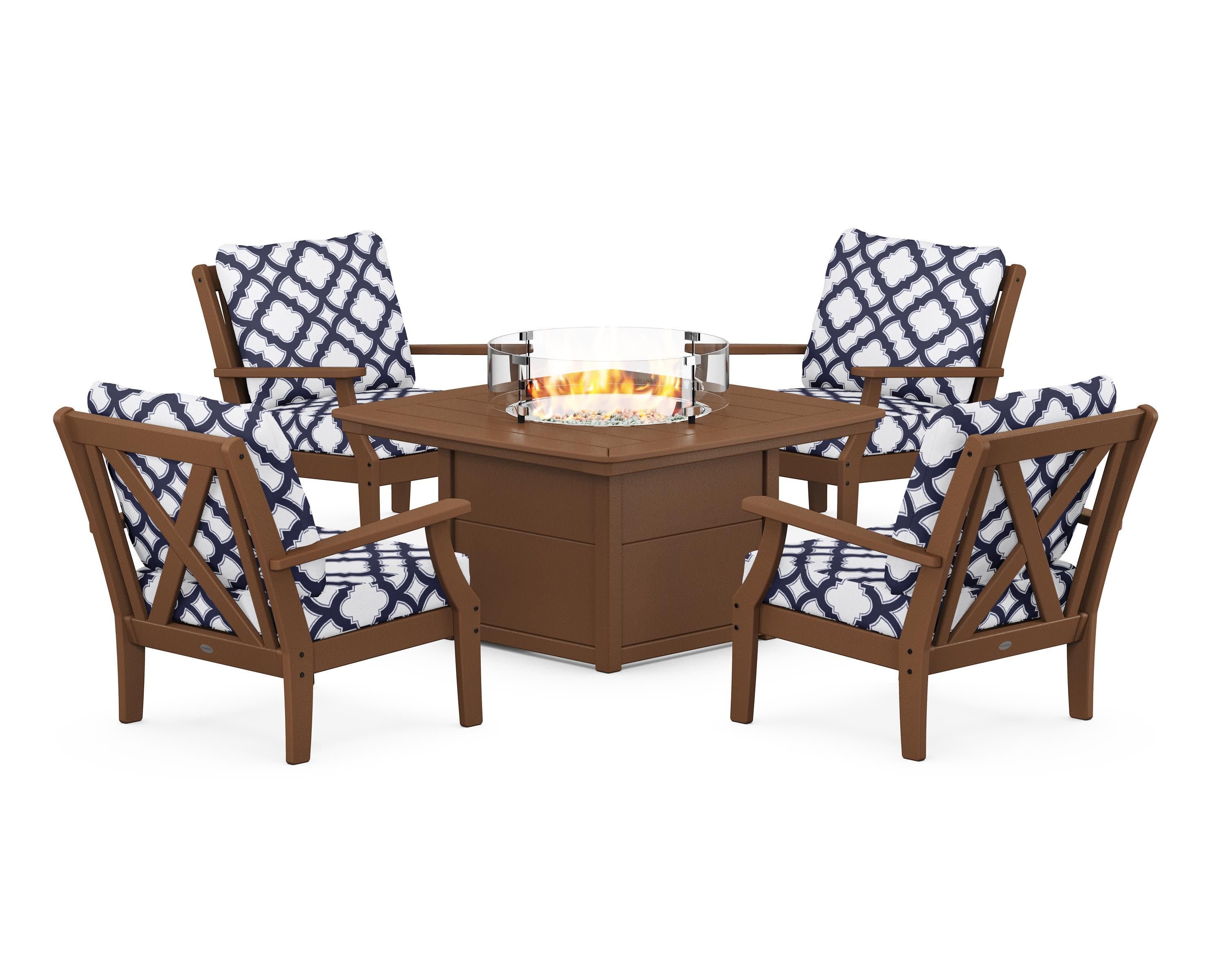 Braxton 5-Piece Deep Seating Conversation Set with Fire Pit Table in Teak / Trellis Navy