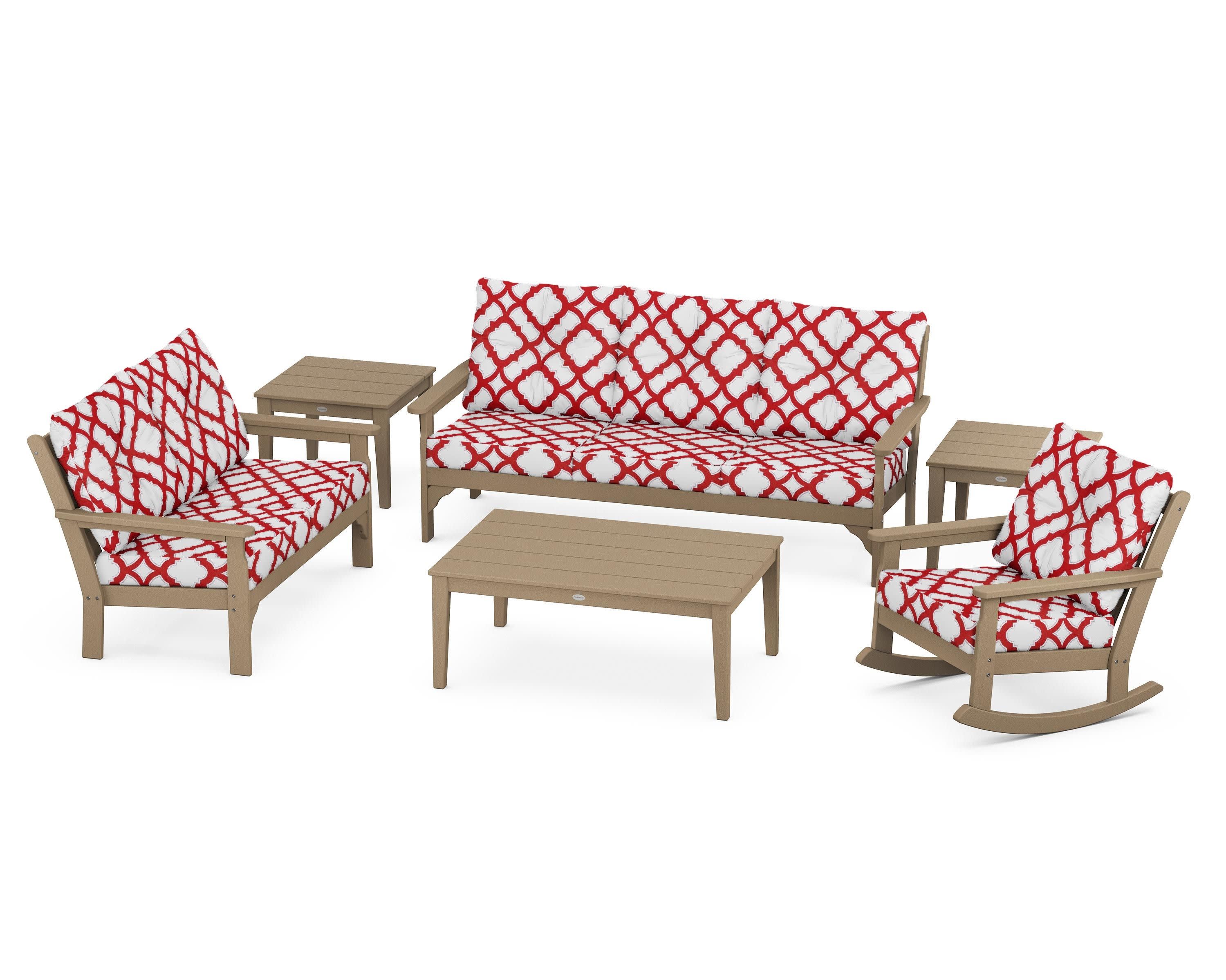 Vineyard 6-Piece Deep Seating Set in Vintage Sahara / Trellis Crimson