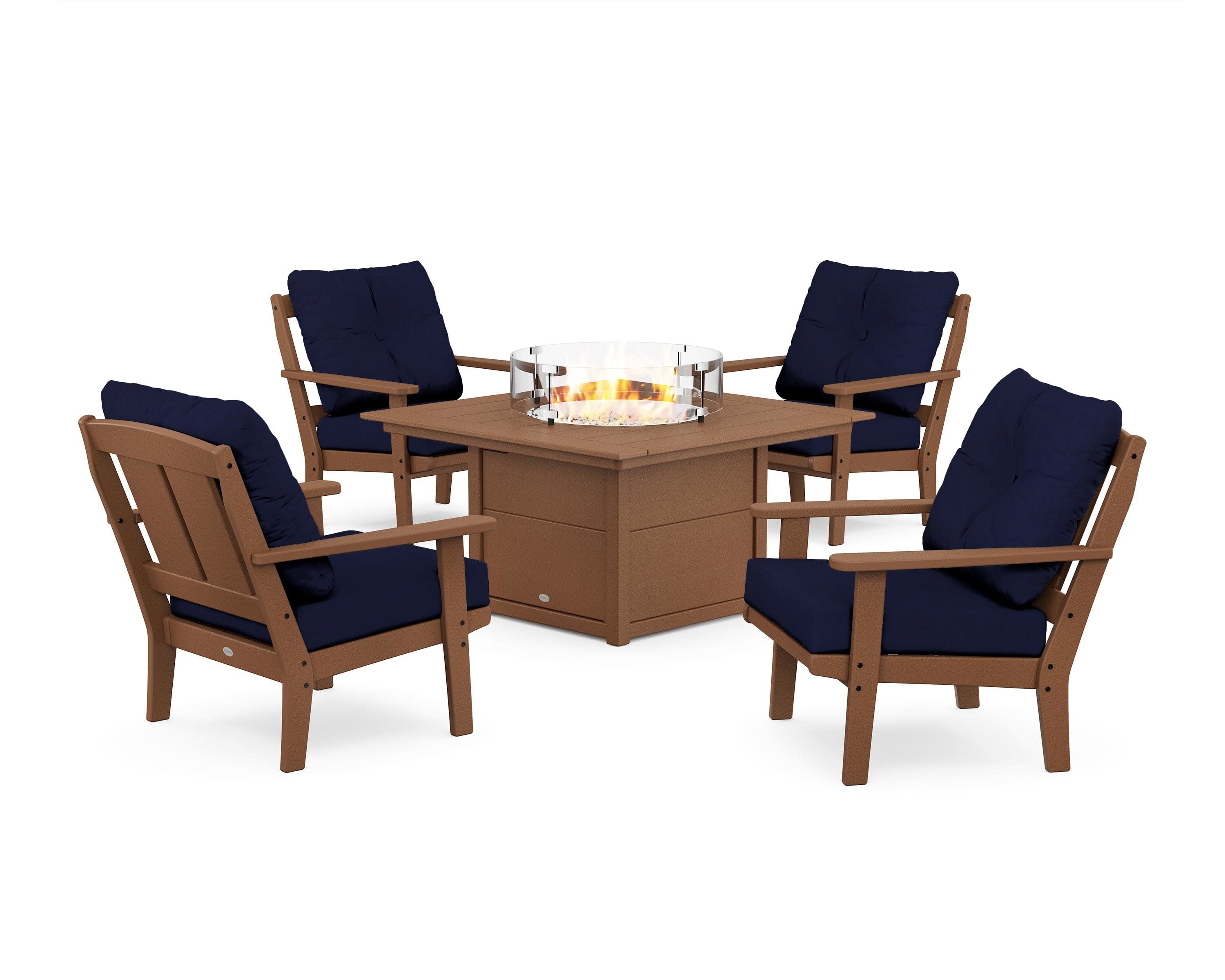 Mission 5-Piece Deep Seating Set with Fire Pit Table in Teak / Navy