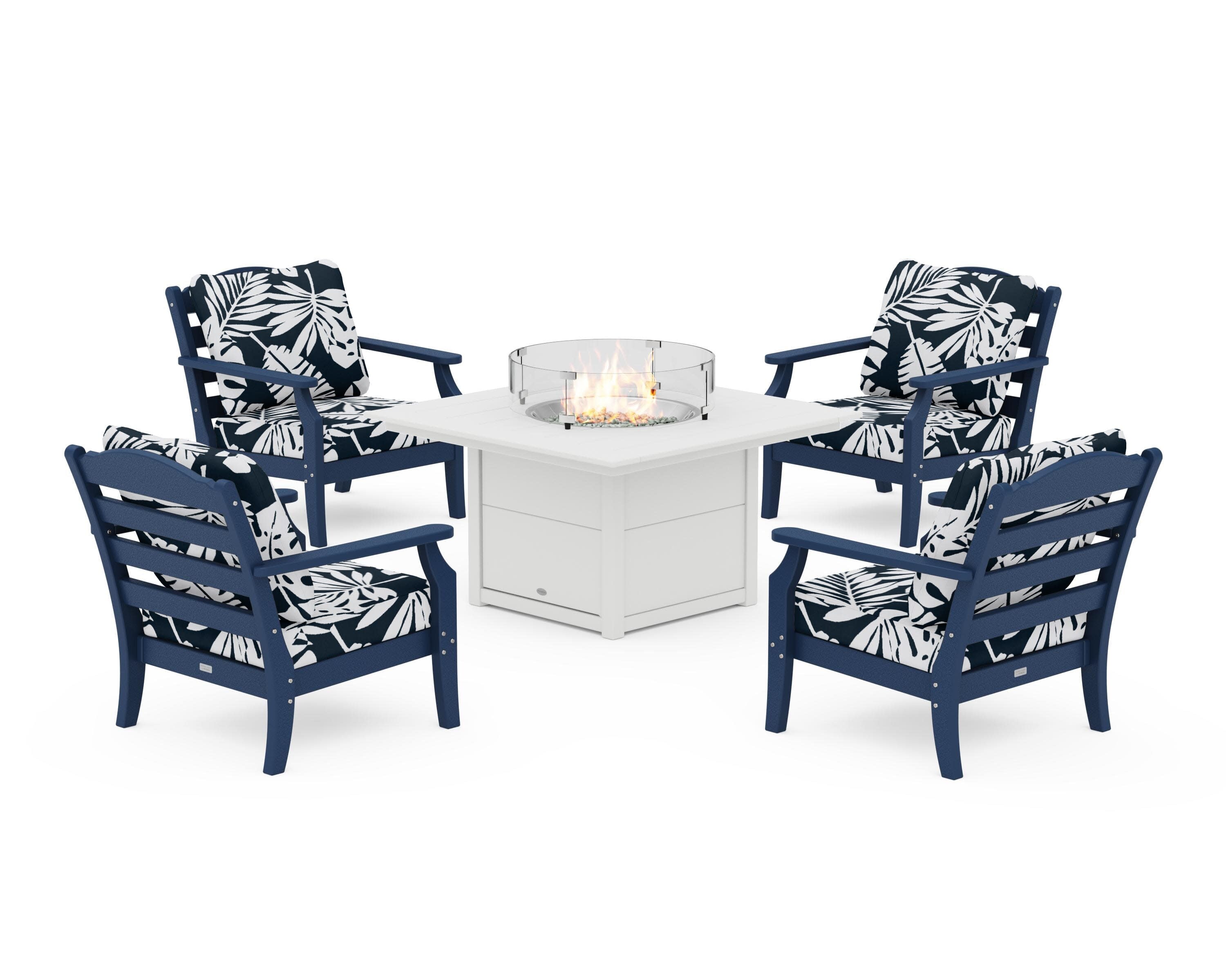 Savannah 5-Piece Deep Seating Set with Fire Pit Table in Navy / Leaf Marine Indigo