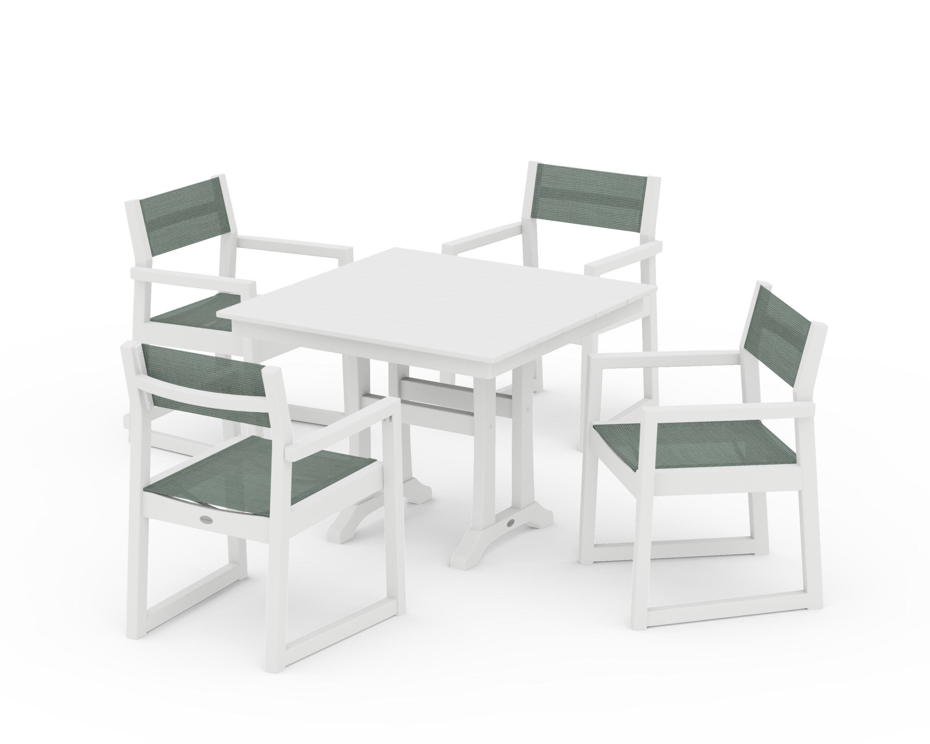 EDGE Sling 5-Piece Farmhouse Dining Set with Trestle Legs in White / Dupioni Sea Mist Sling