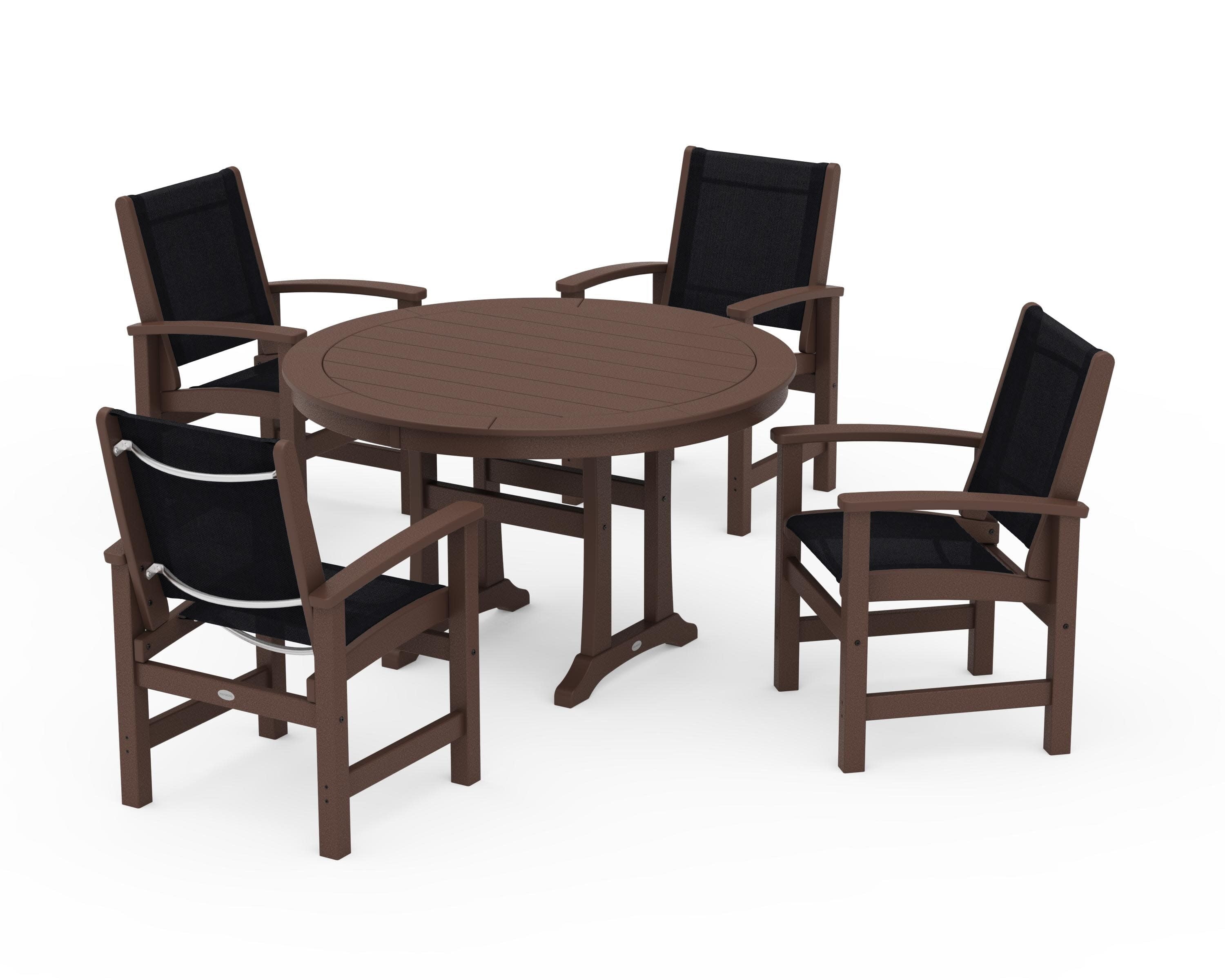 Coastal 5-Piece Round Dining Set with Trestle Legs in Mahogany / Black Sling