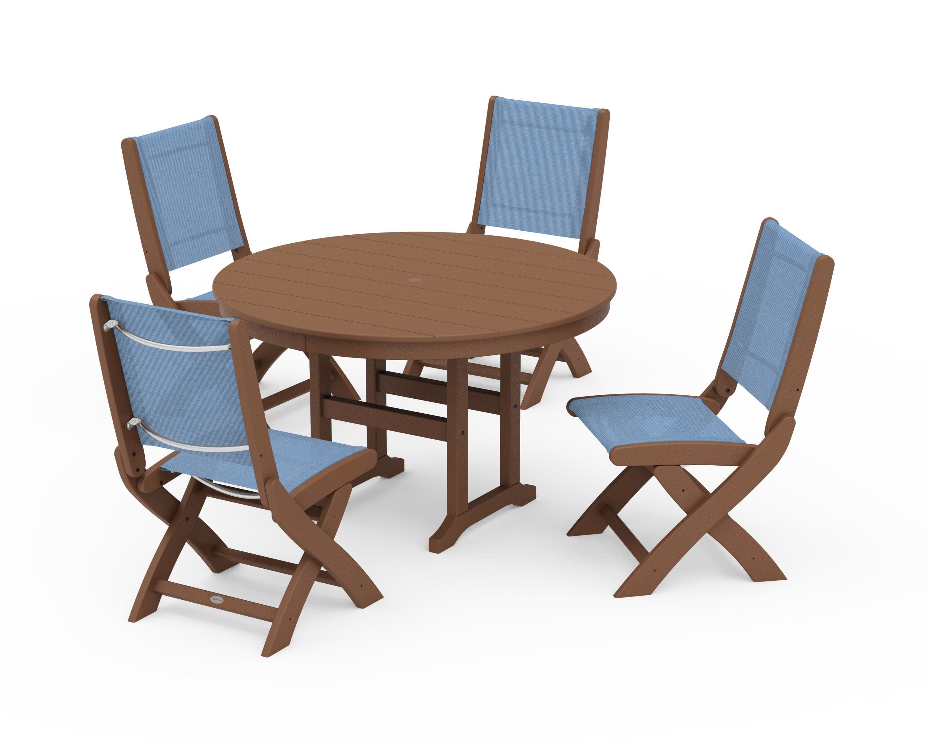 Coastal Folding Side Chair 5-Piece Round Dining Set in Teak / Poolside Sling