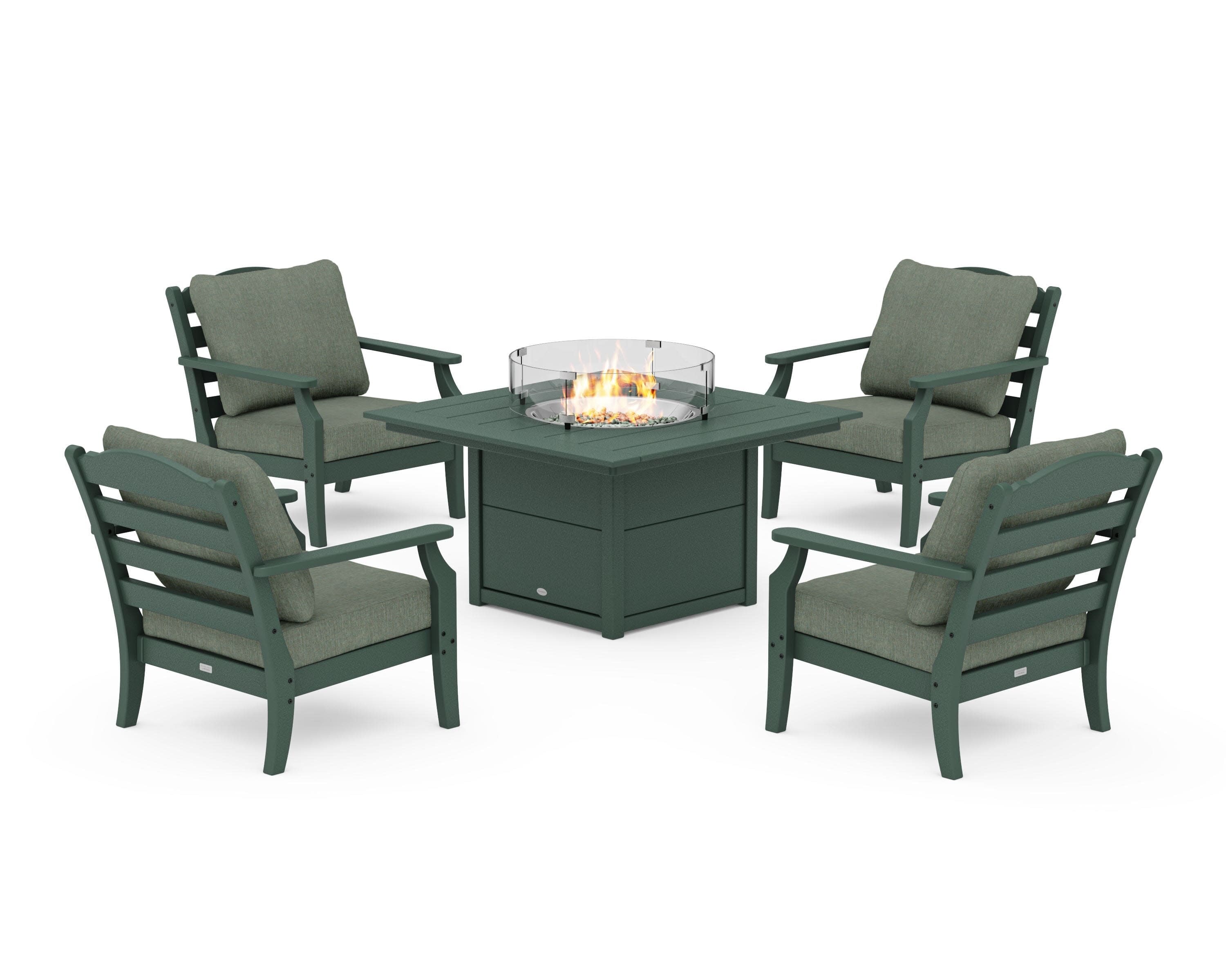 Savannah 5-Piece Deep Seating Set with Fire Pit Table in Green / Cast Sage