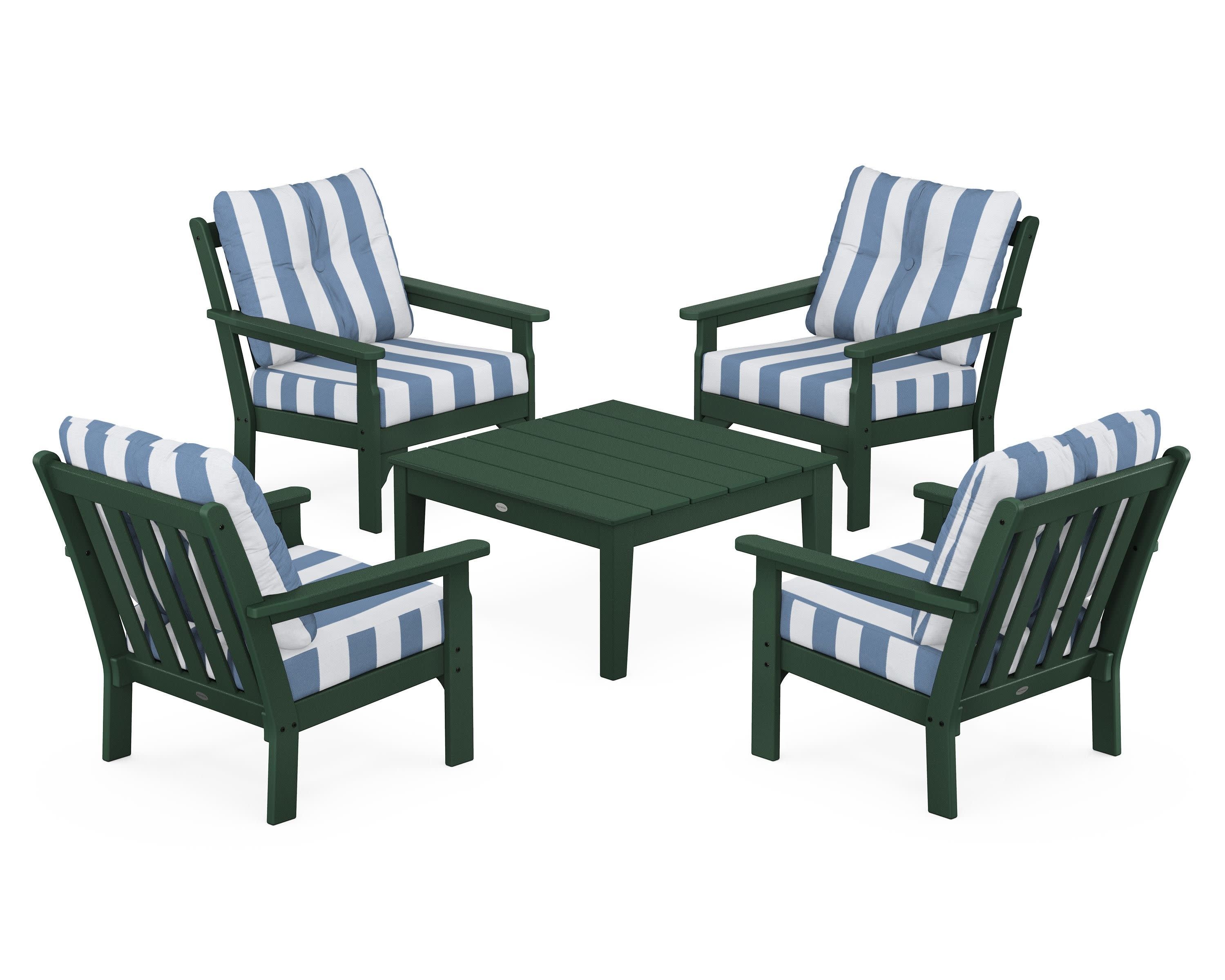 Vineyard 5-Piece Deep Seating Conversation Set in Green / Cabana Stripe Sky Blue