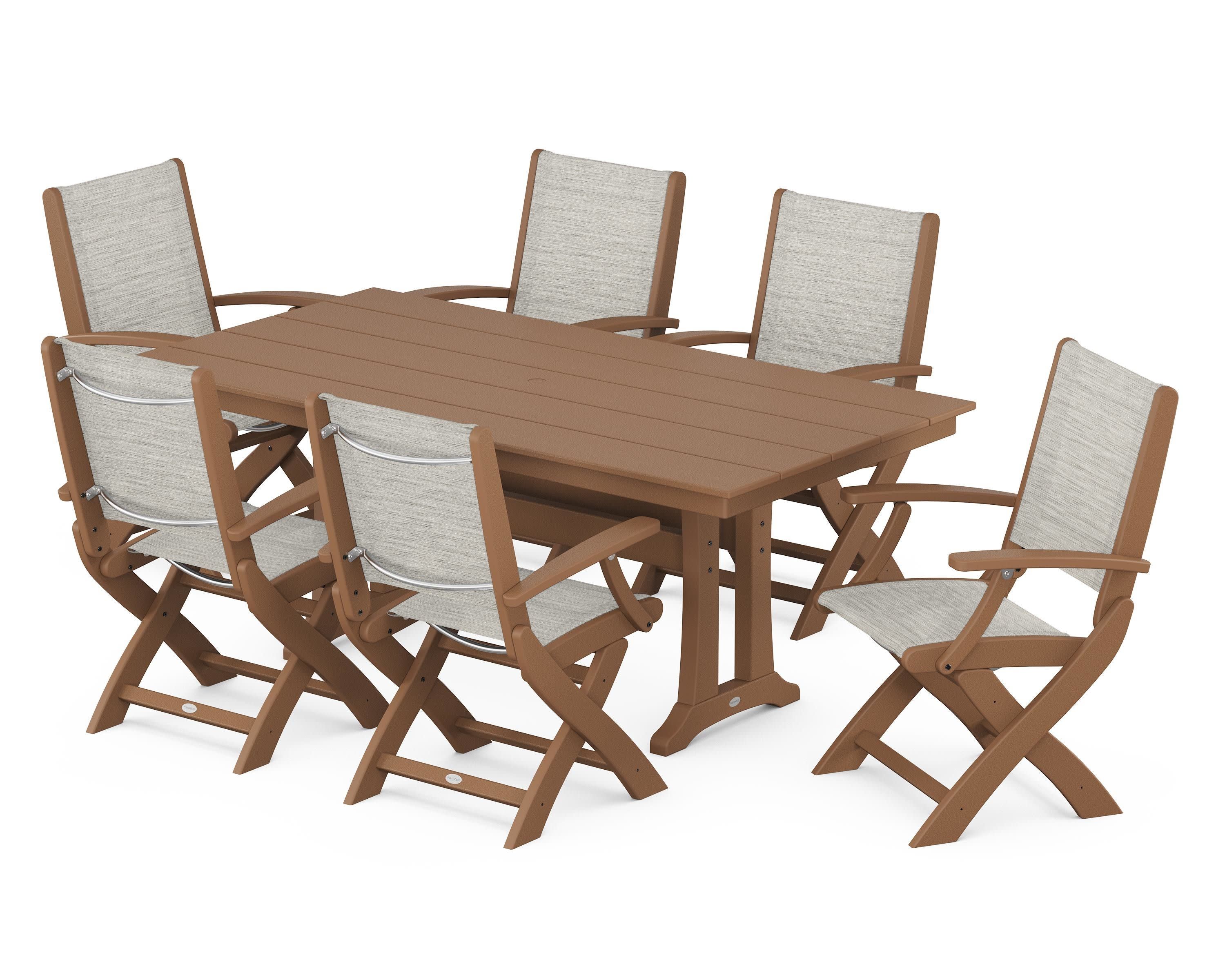 Coastal Folding Arm Chair 7-Piece Farmhouse Dining Set with Trestle Legs in Teak / Birch Sling