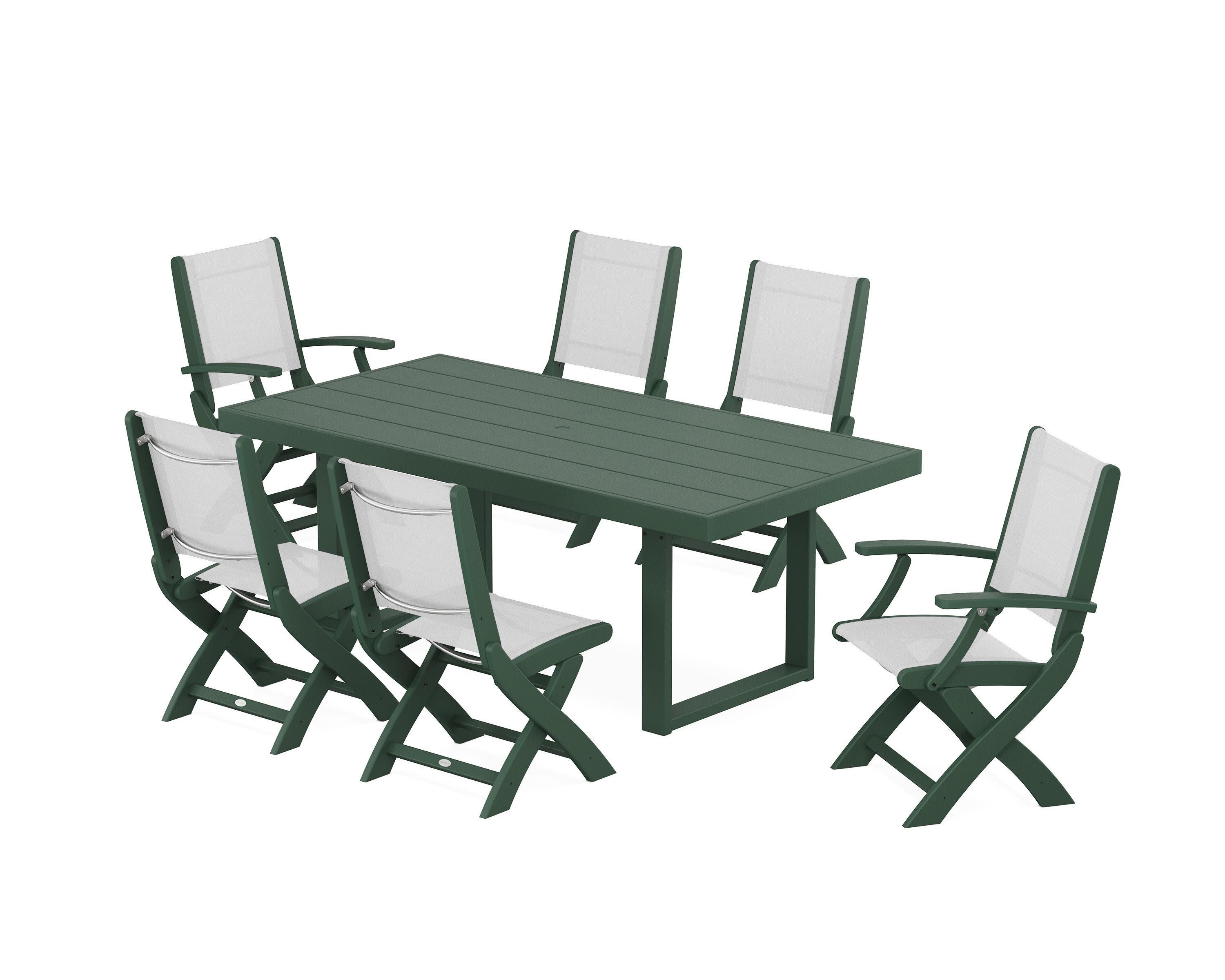 Coastal Folding Chair 7-Piece Dining Set with Trestle Legs in Green / White Sling