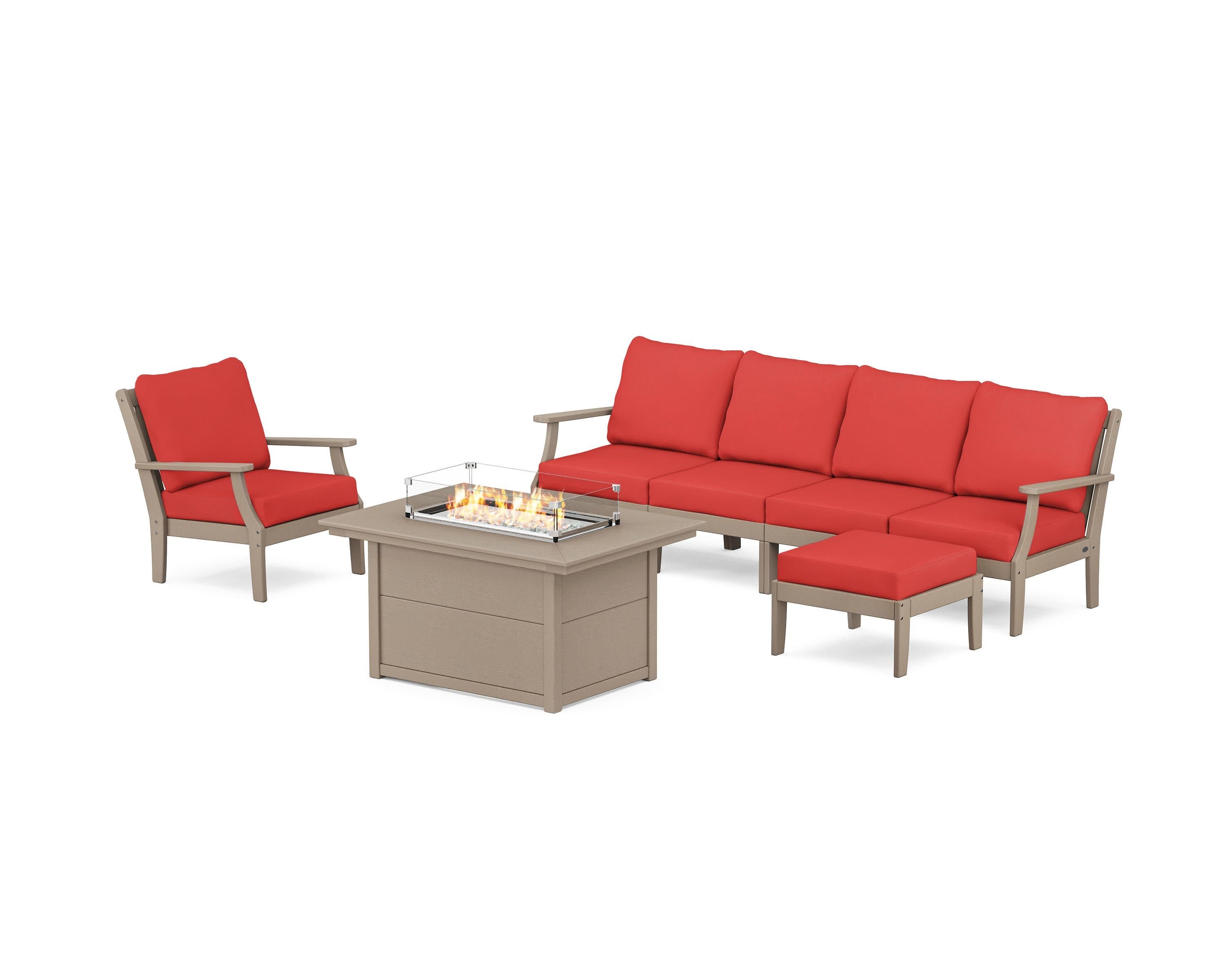 Braxton Sectional Lounge and Fire Pit Set in Vintage Sahara / Crimson Linen