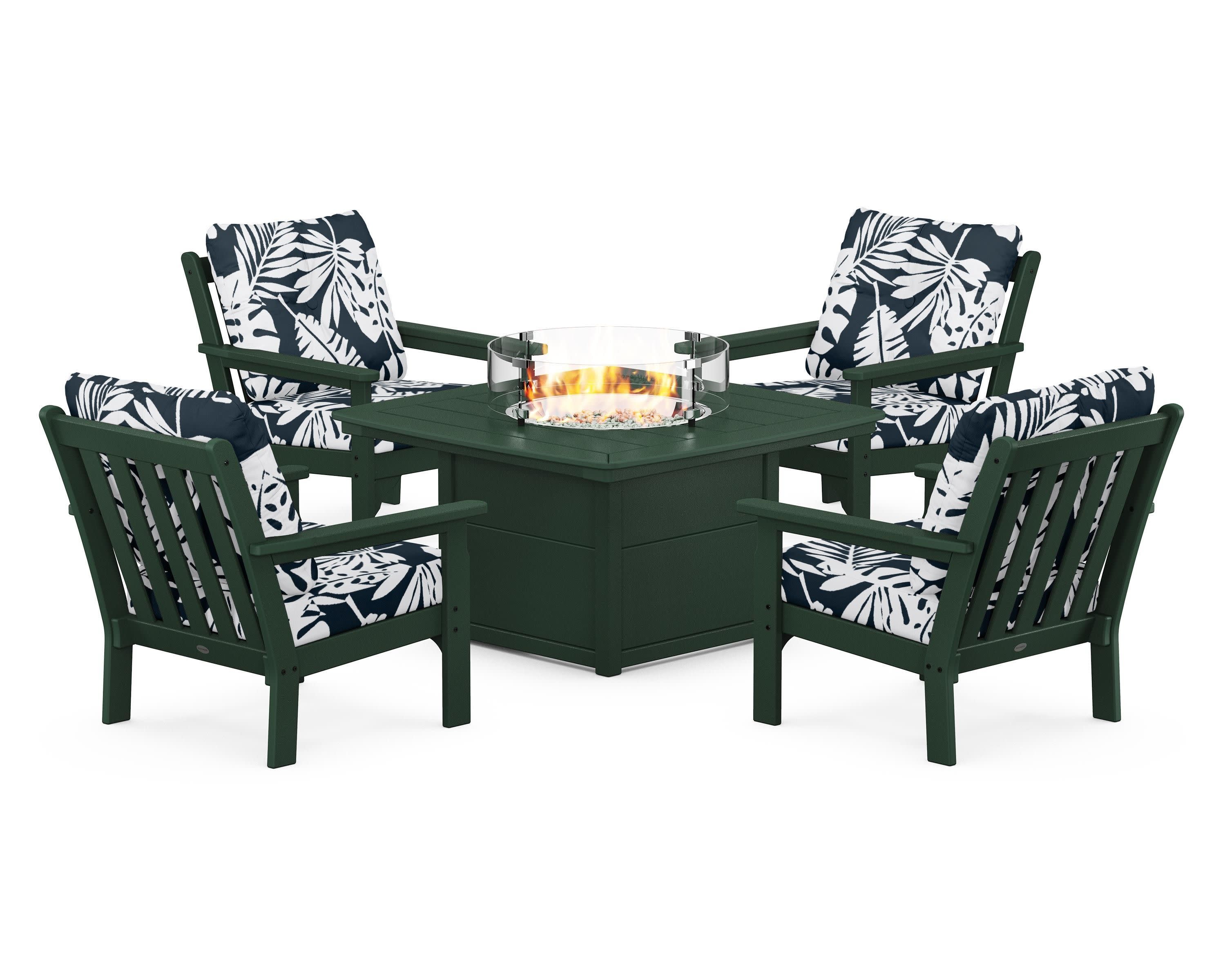 Vineyard 5-Piece Conversation Set with Fire Pit Table in Green / Leaf Marine Indigo