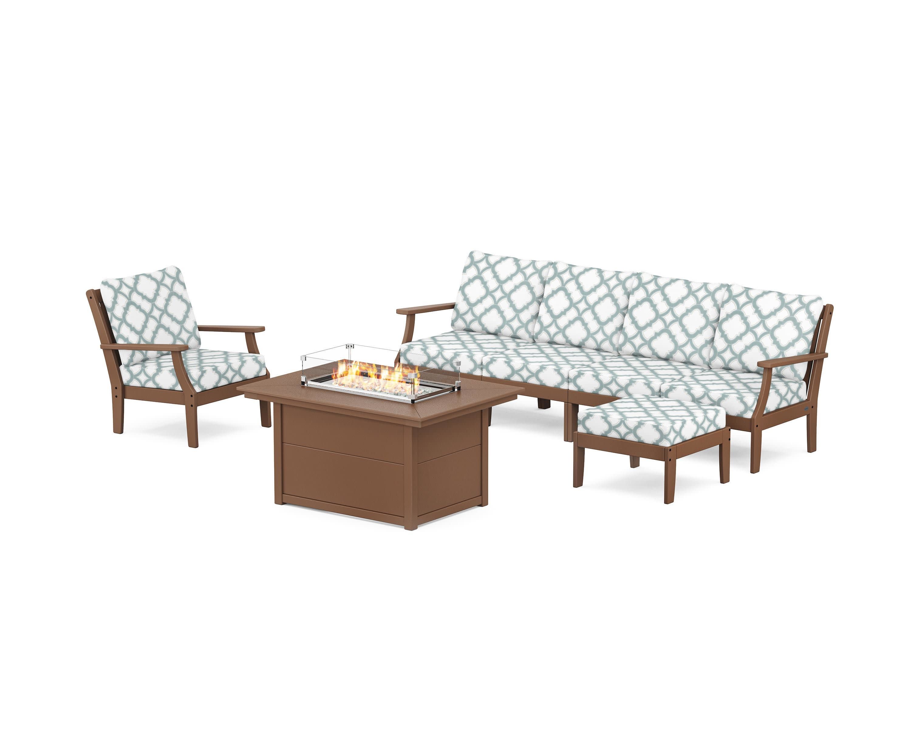 Braxton Sectional Lounge and Fire Pit Set in Teak / Trellis Glacier Spa