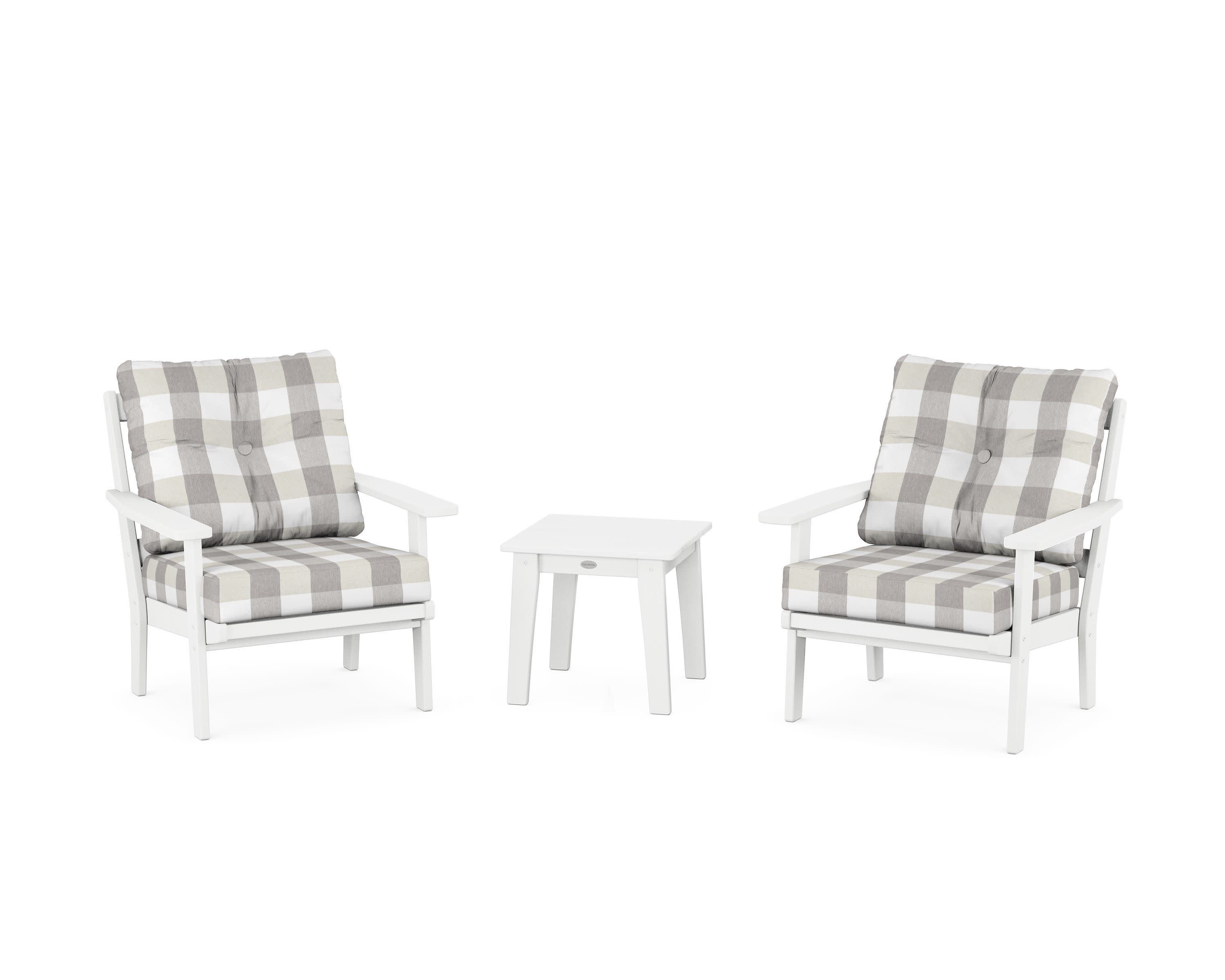 Oxford 3-Piece Deep Seating Set in White / Buffalo Plaid Grey Mist